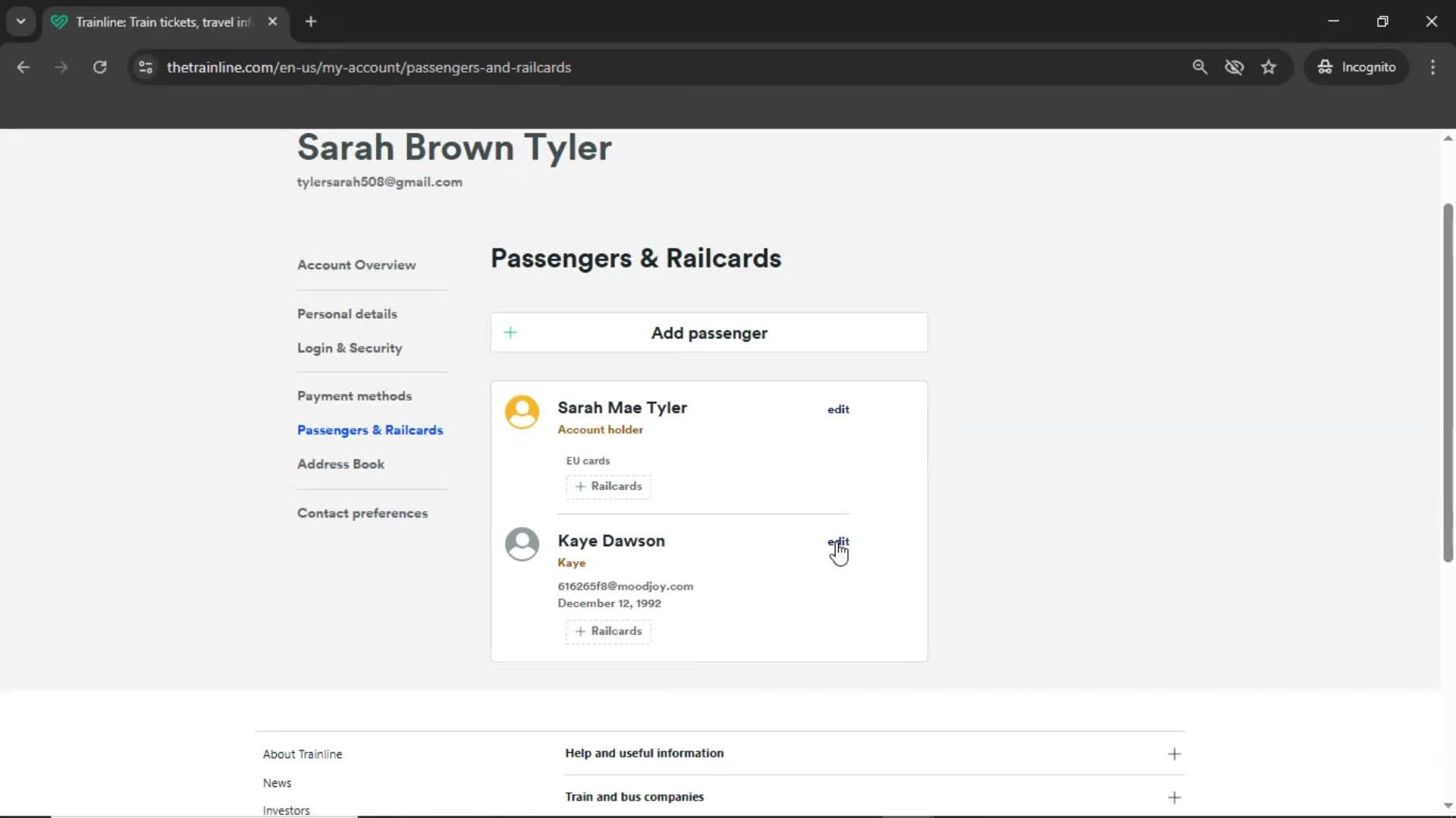 Adding a passenger screenshot