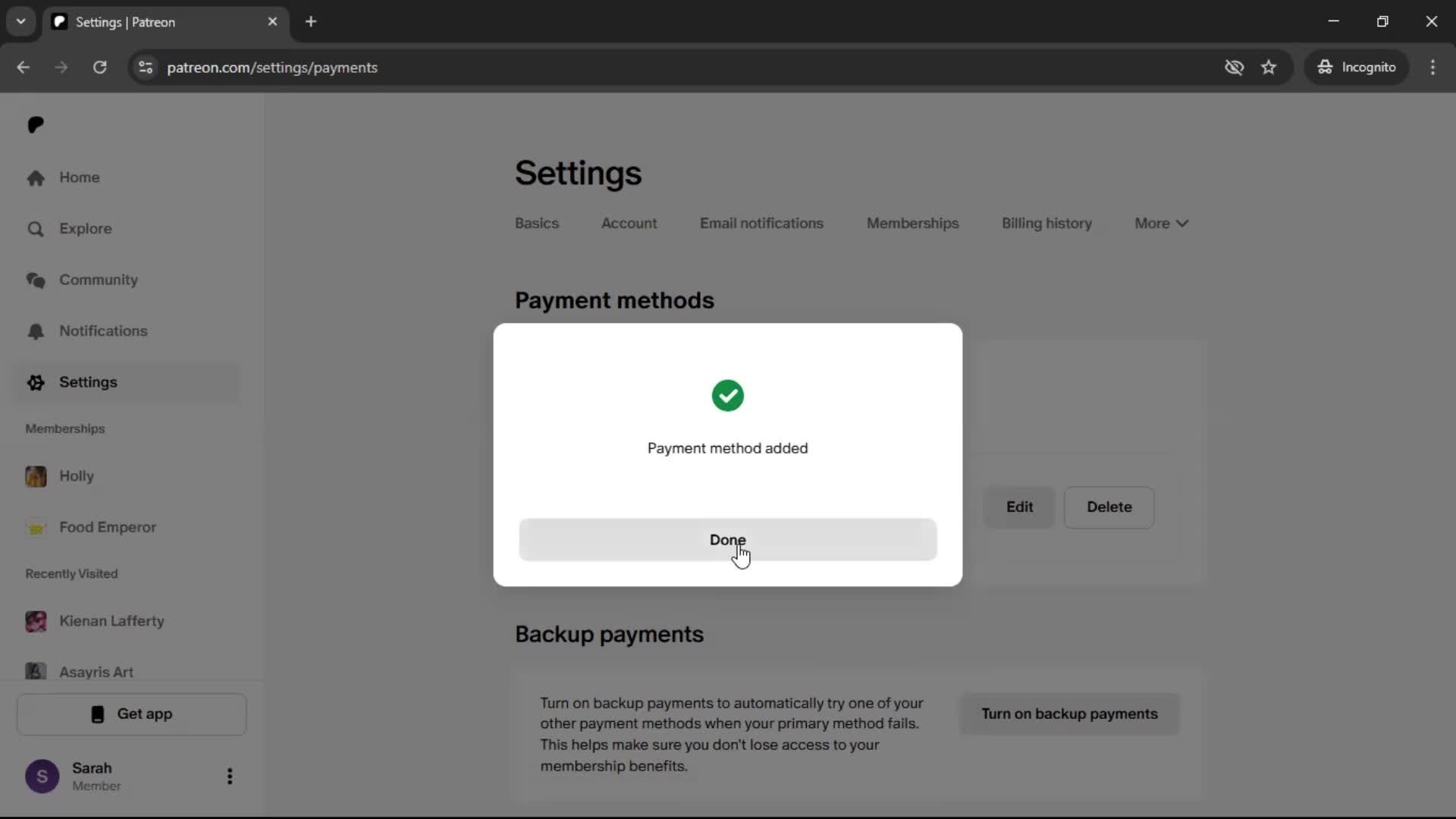 Adding a payment method screenshot