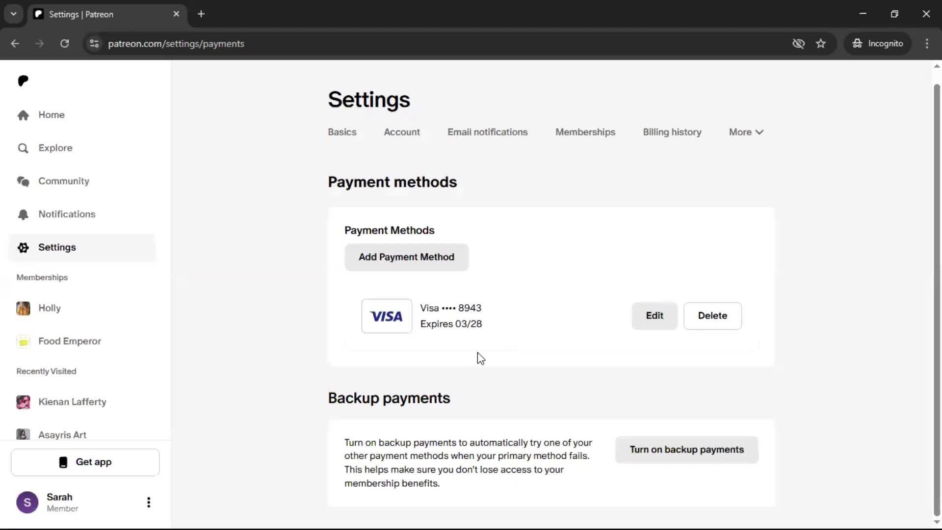 Adding a payment method screenshot