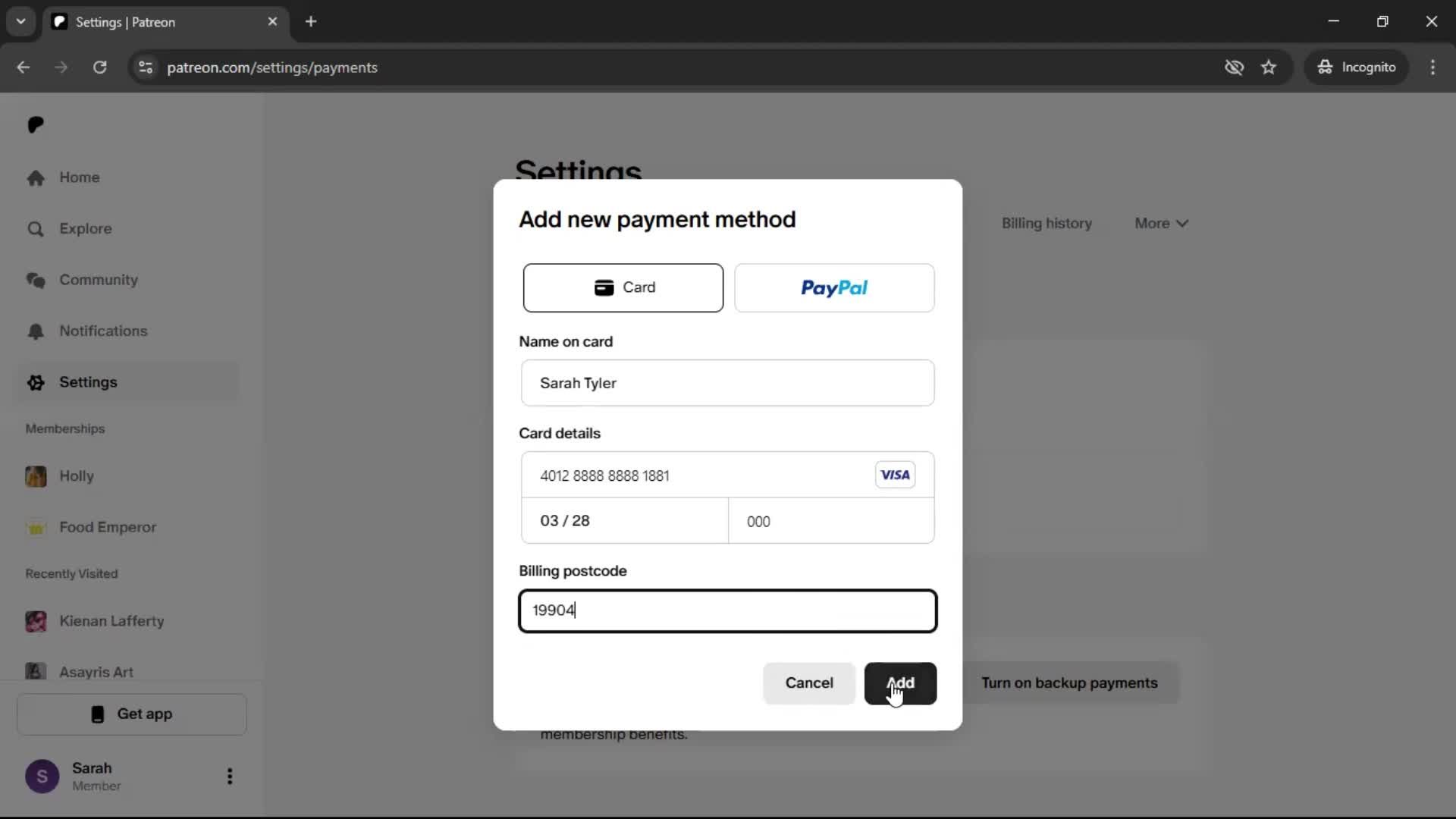 Adding a payment method screenshot