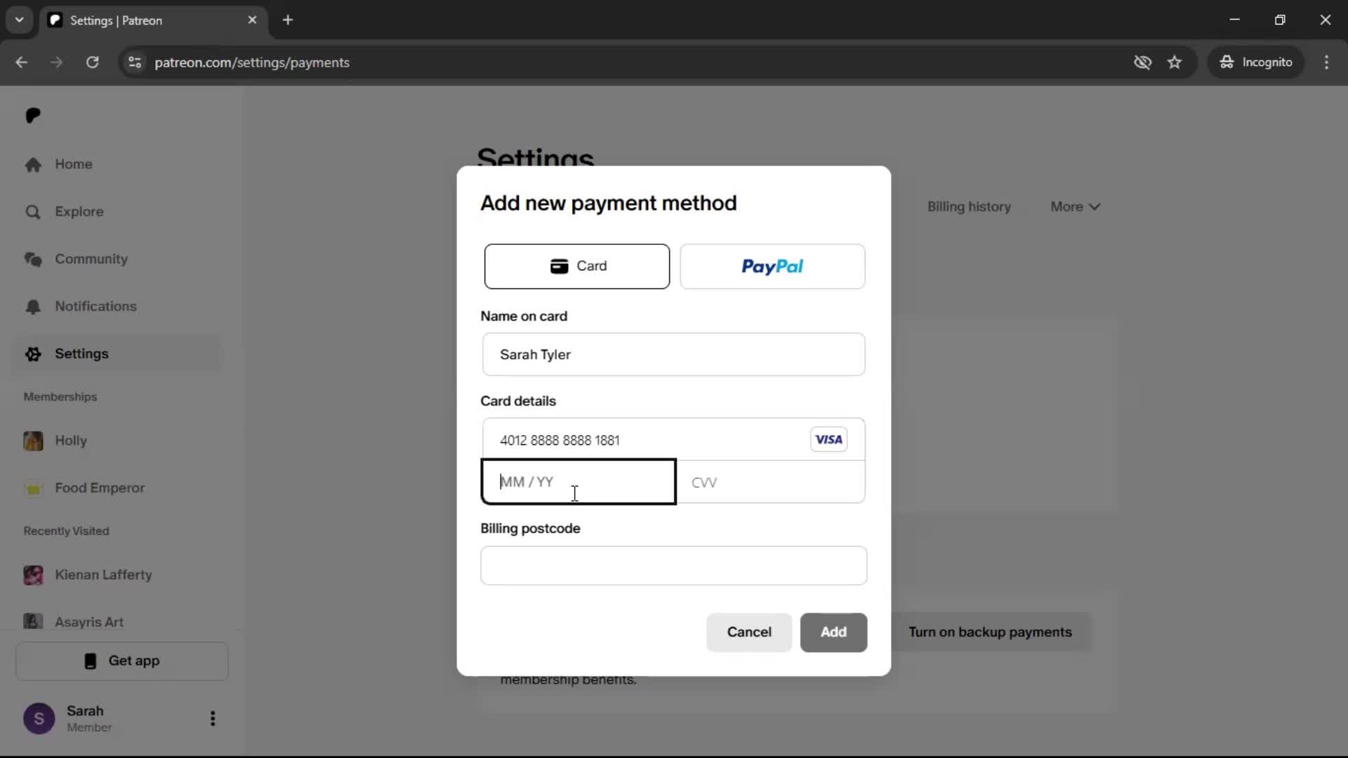 Adding a payment method screenshot