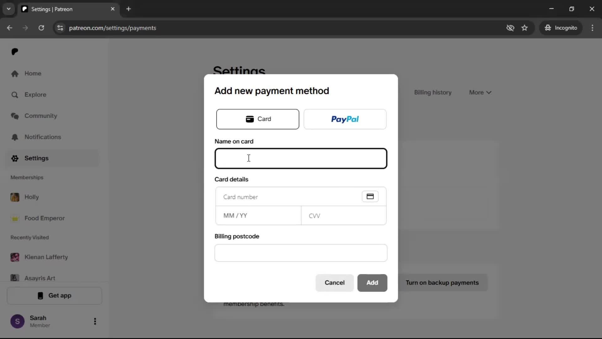 Adding a payment method screenshot