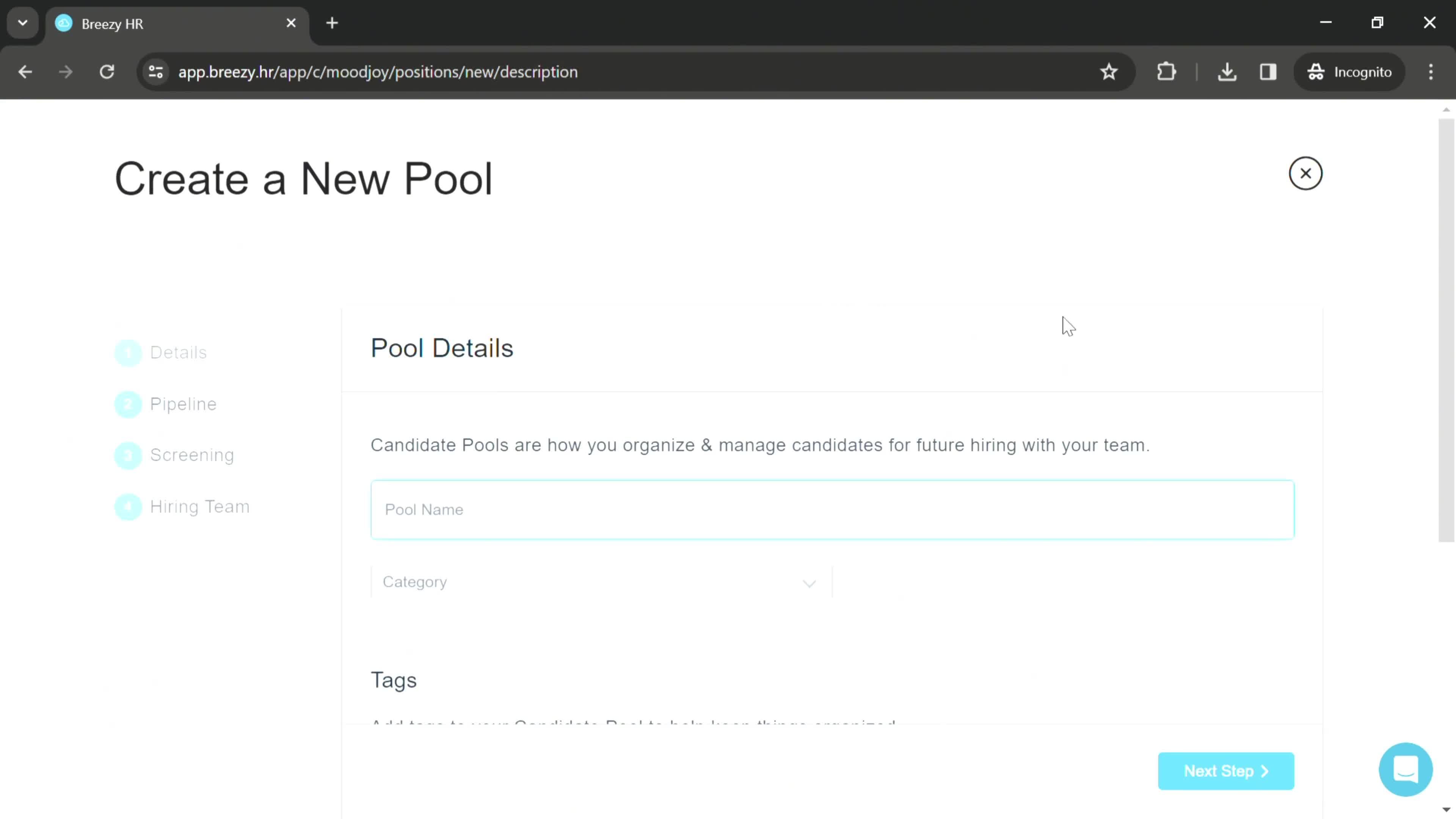 Adding a candidate pool screenshot