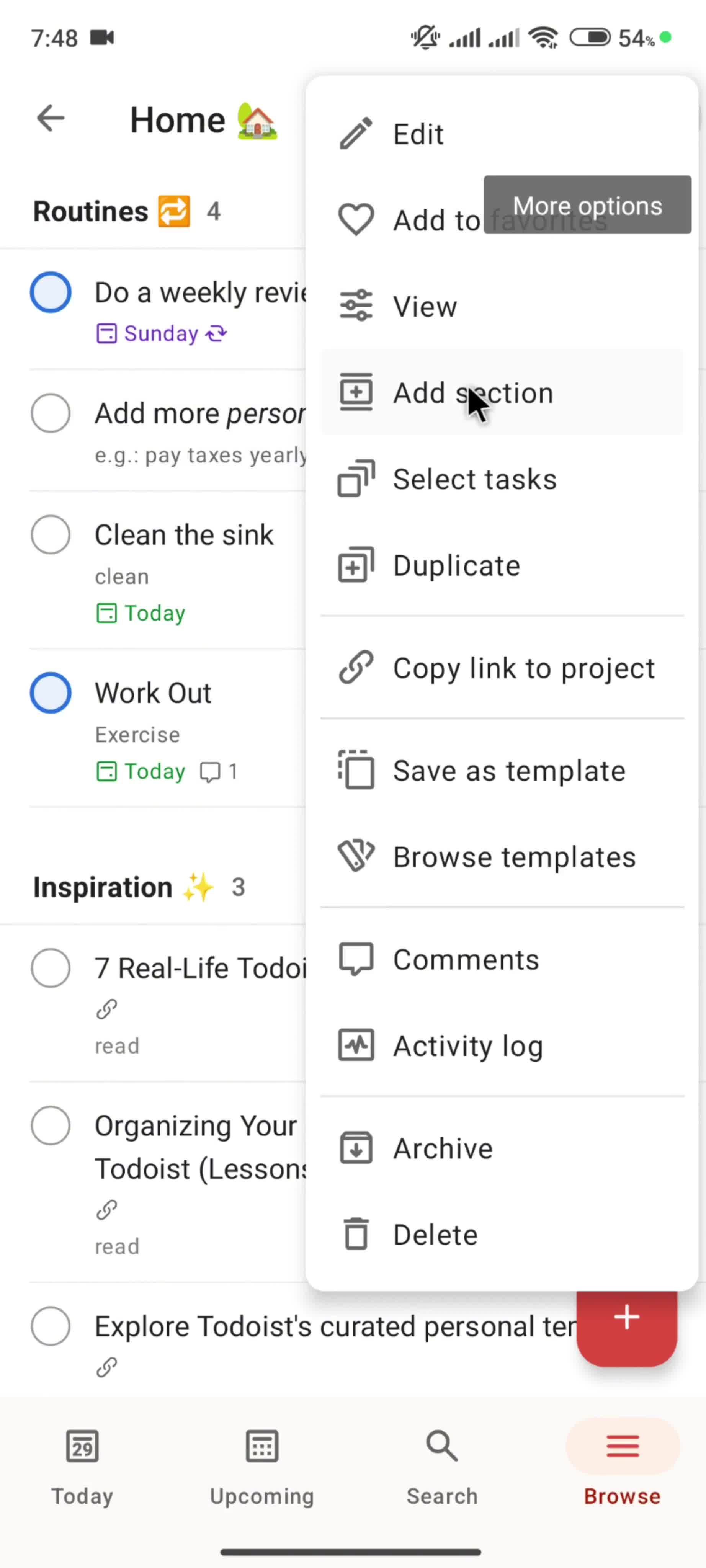 Adding a section screenshot