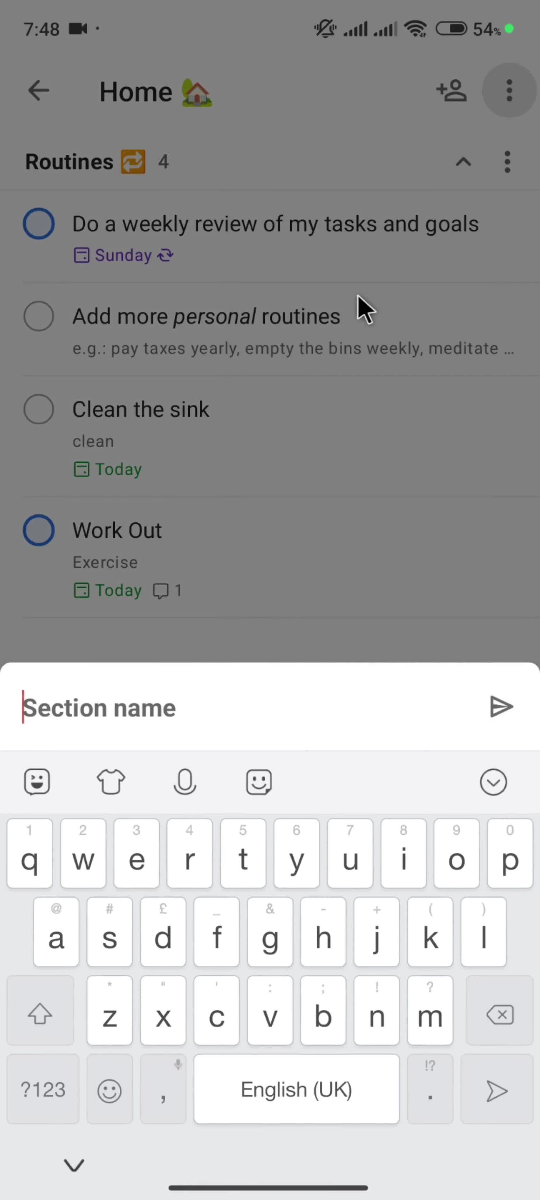 Adding a section screenshot