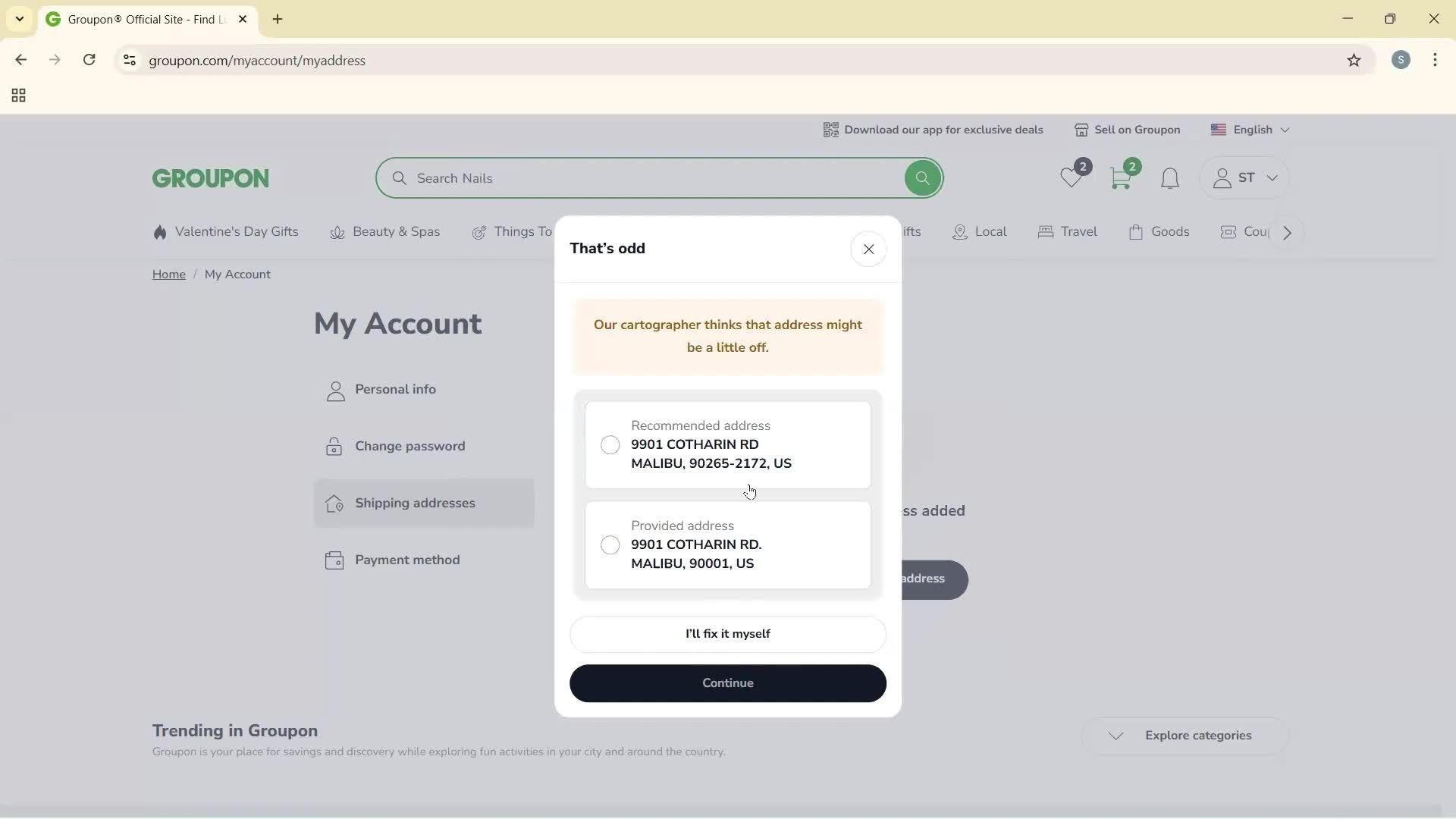 Adding shipping address screenshot