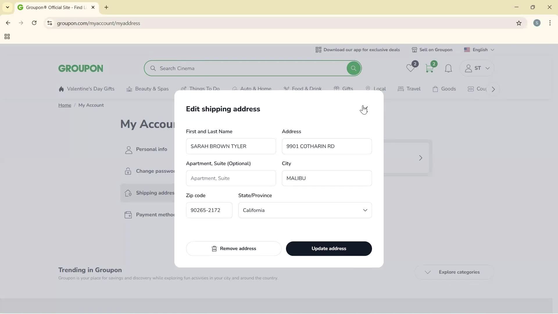 Adding shipping address screenshot