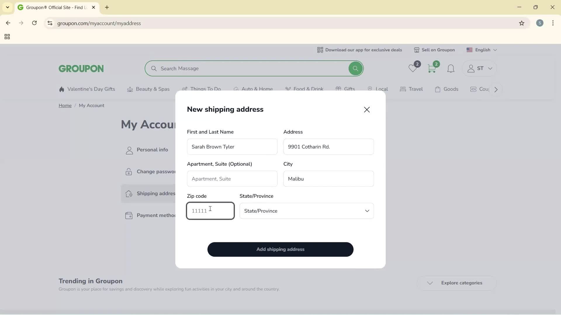 Adding shipping address screenshot