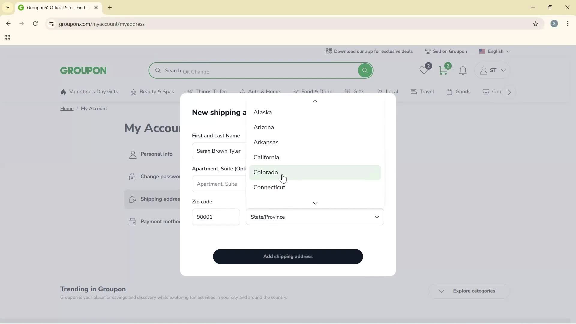 Adding shipping address screenshot