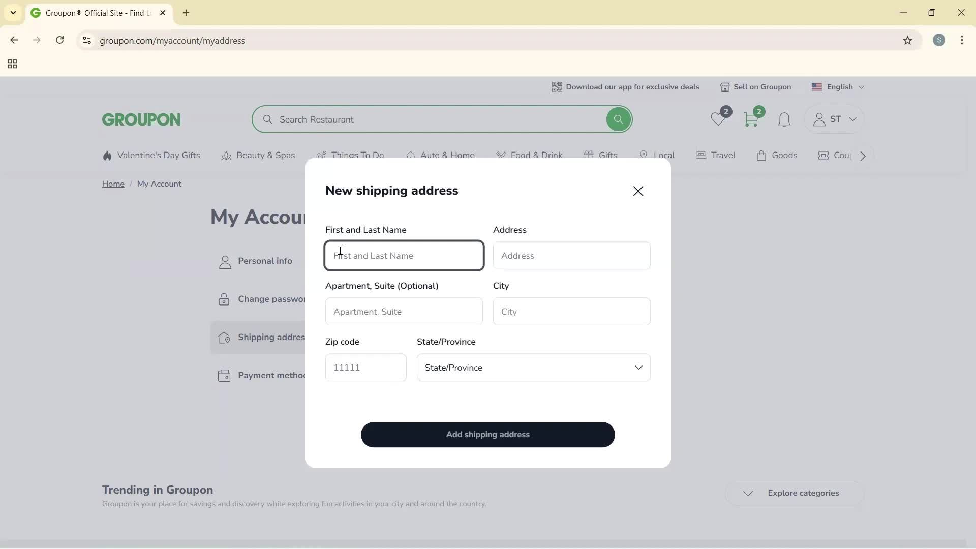 Adding shipping address screenshot