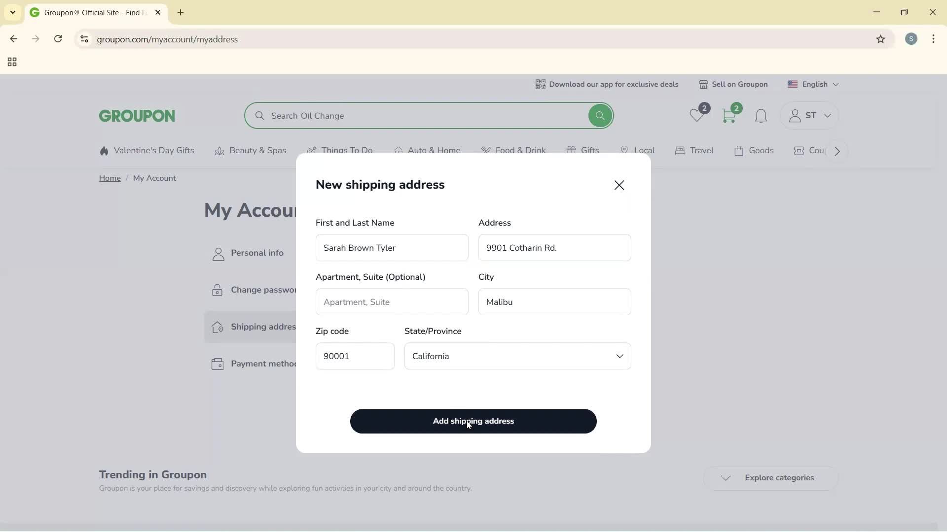 Adding shipping address screenshot