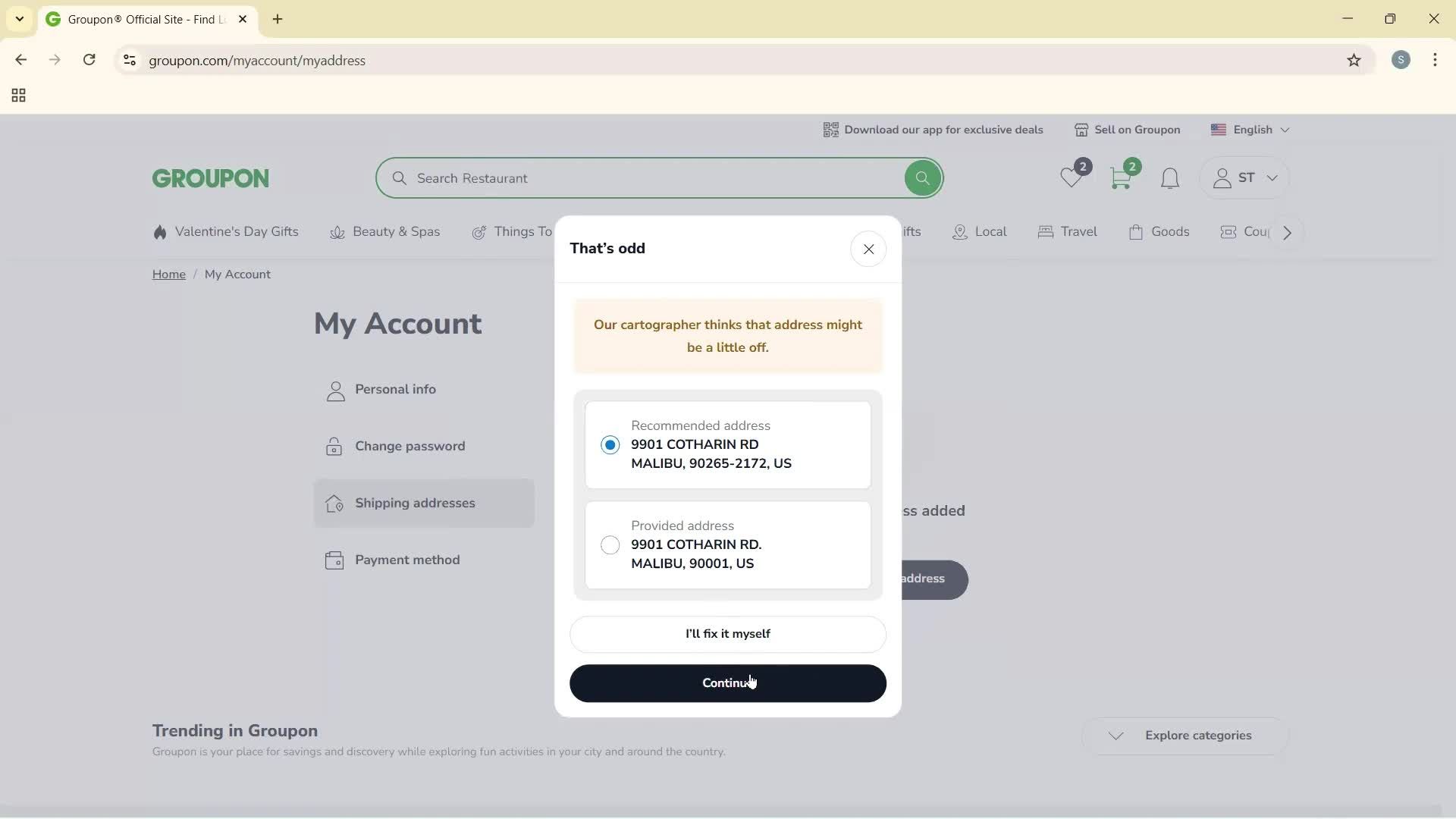 Adding shipping address screenshot
