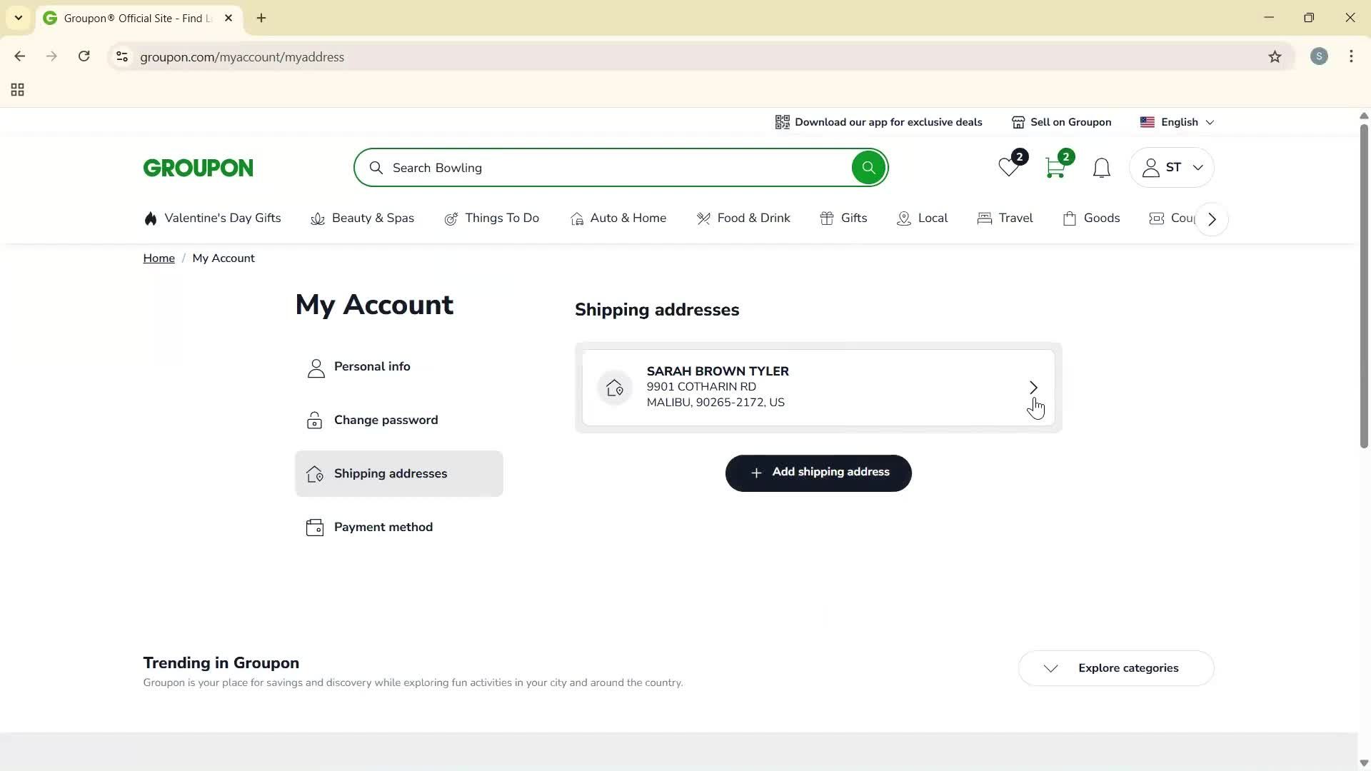 Adding shipping address screenshot