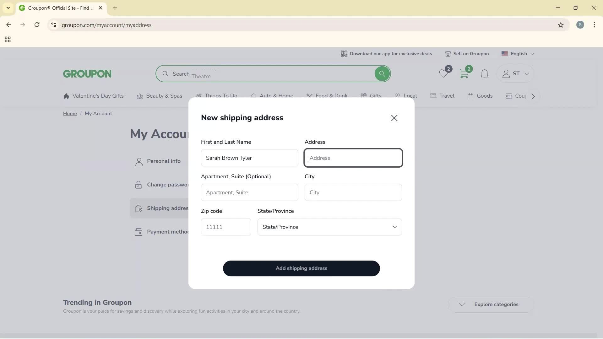 Adding shipping address screenshot