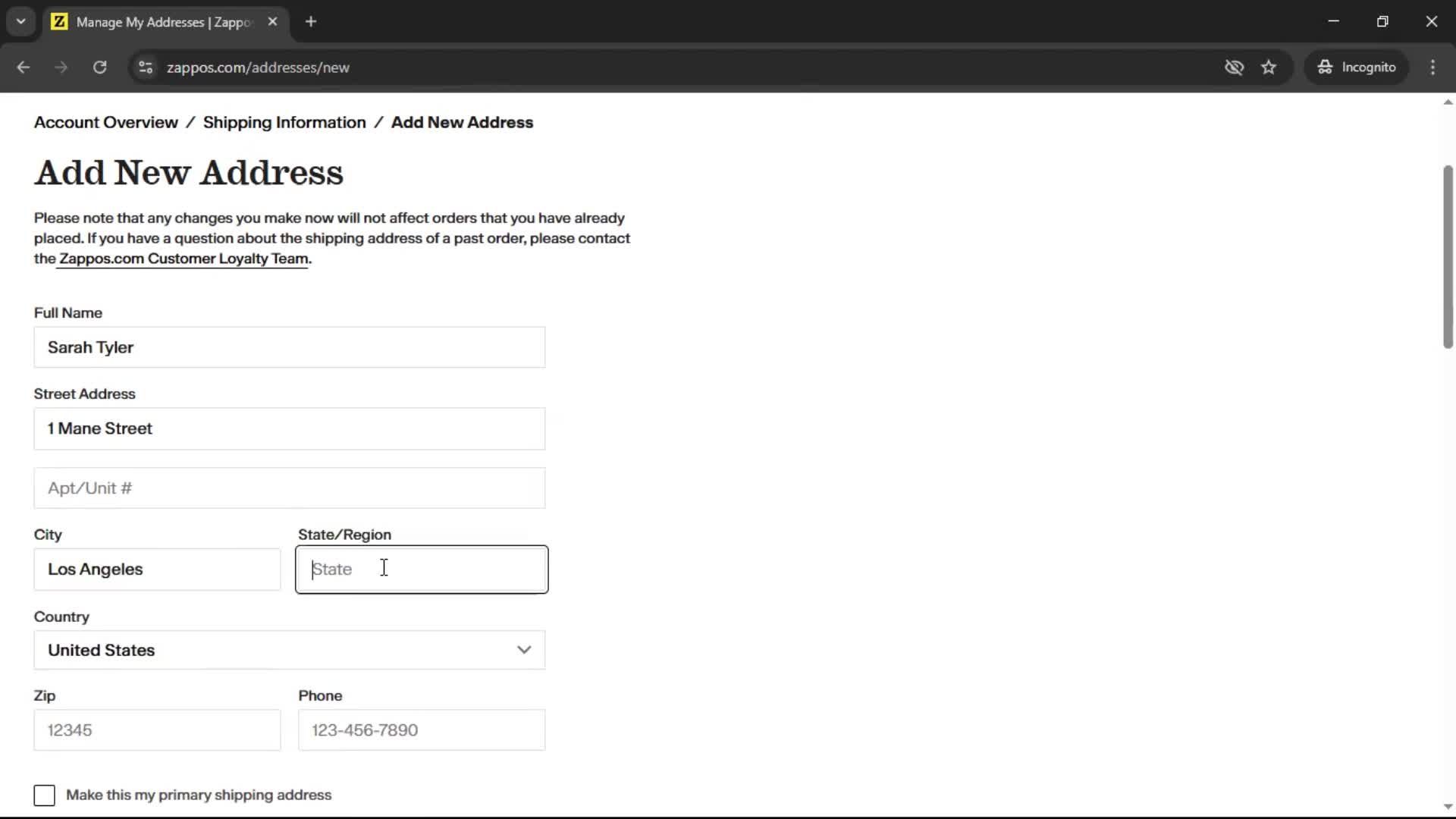 Adding shipping address screenshot