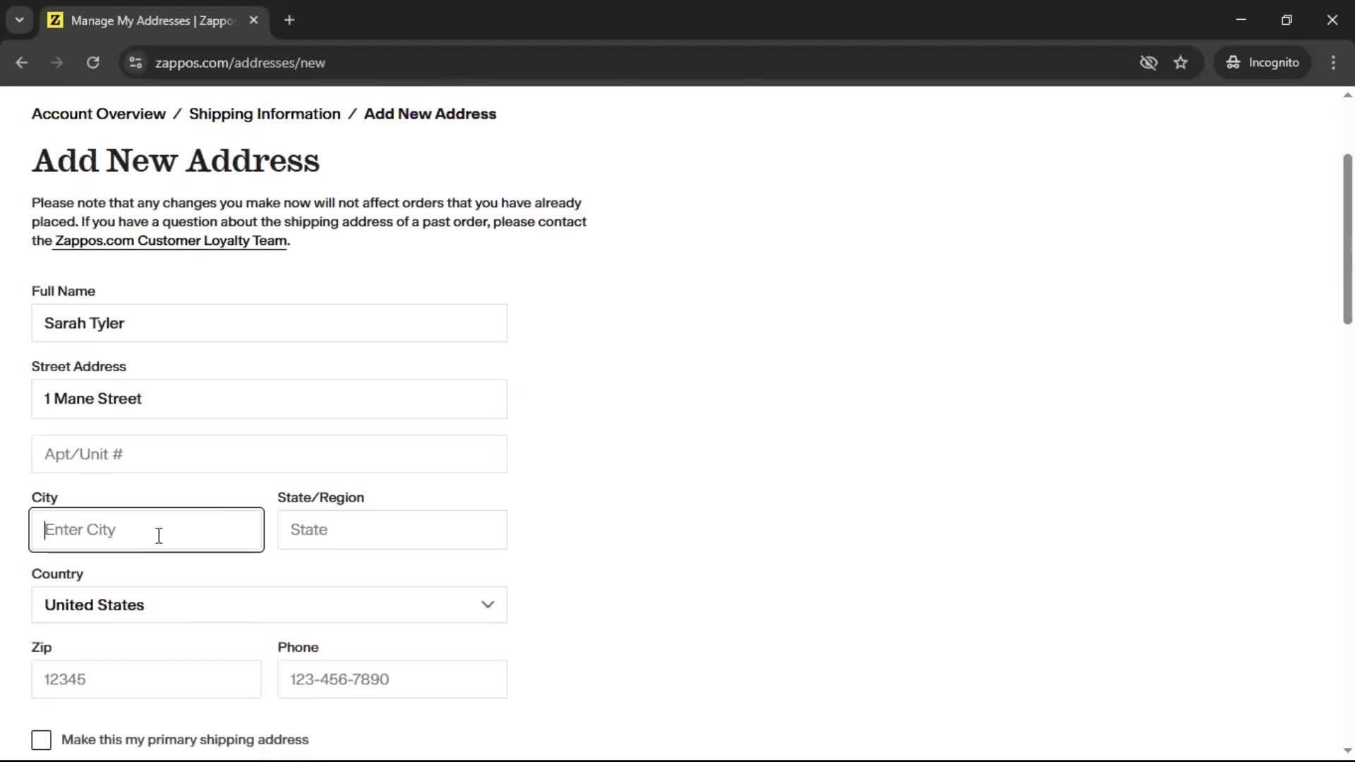 Adding shipping address screenshot