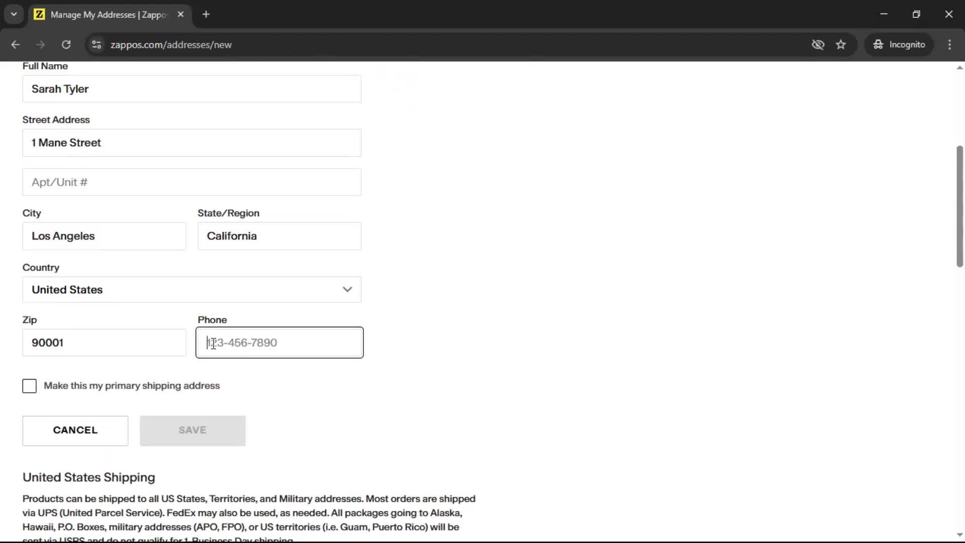 Adding shipping address screenshot