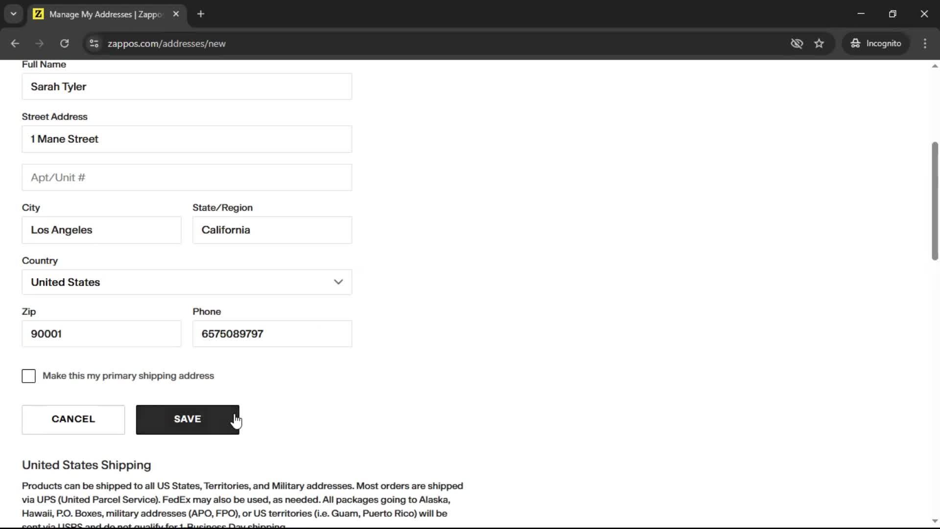 Adding shipping address screenshot
