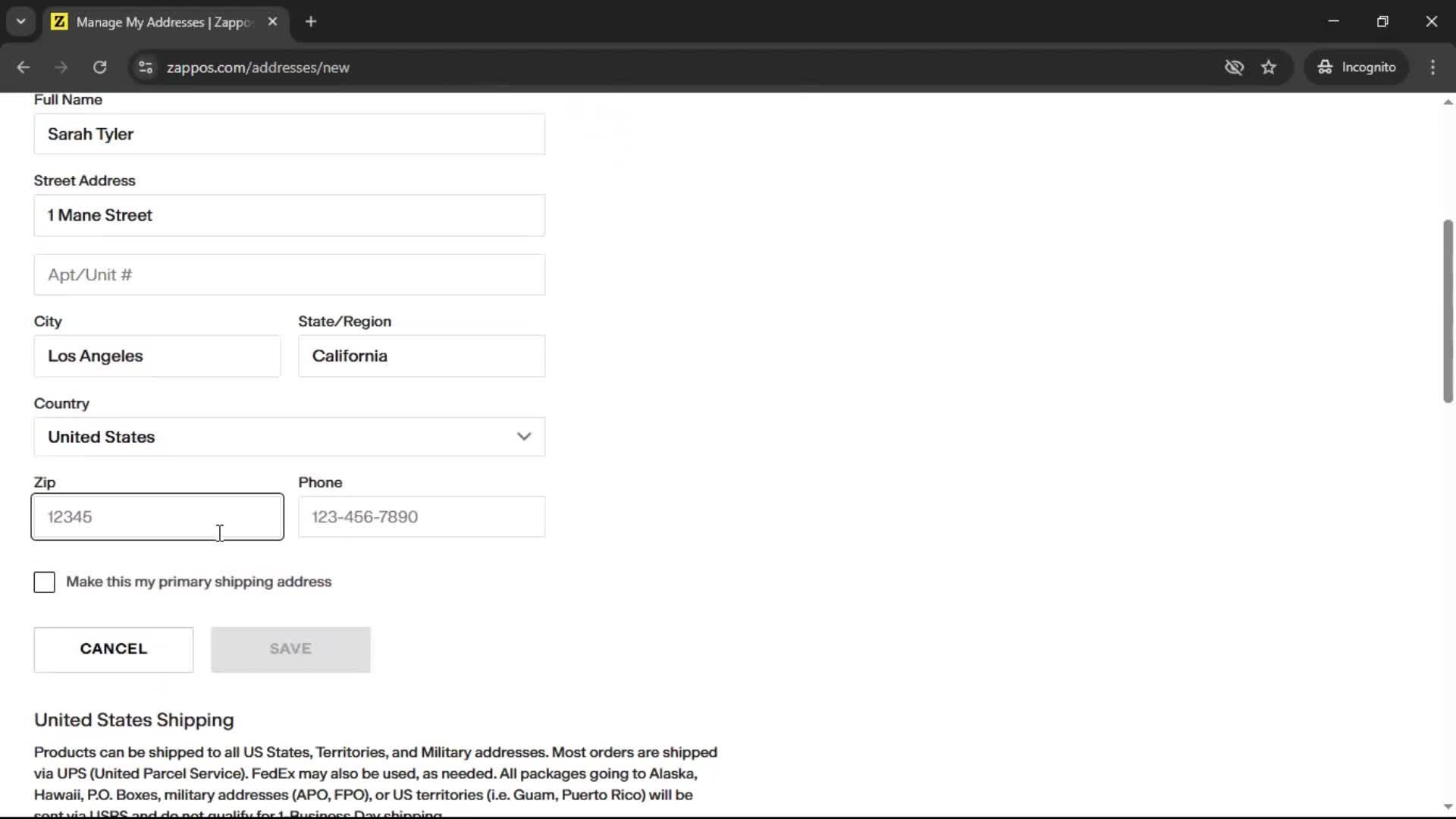 Adding shipping address screenshot