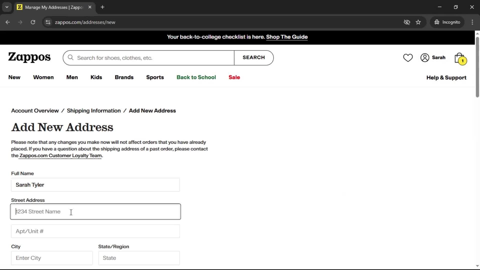 Adding shipping address screenshot