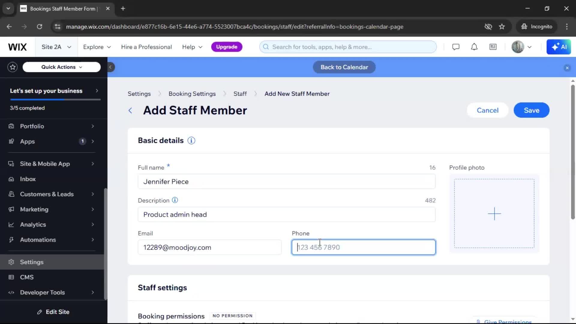 Adding staff screenshot