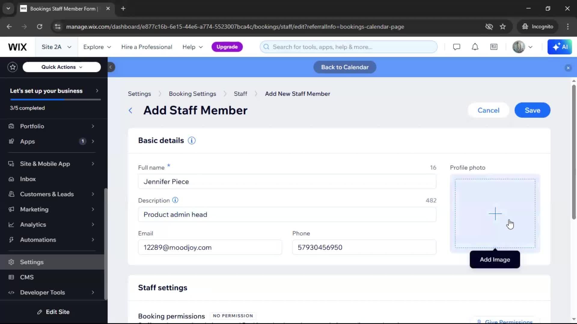 Adding staff screenshot