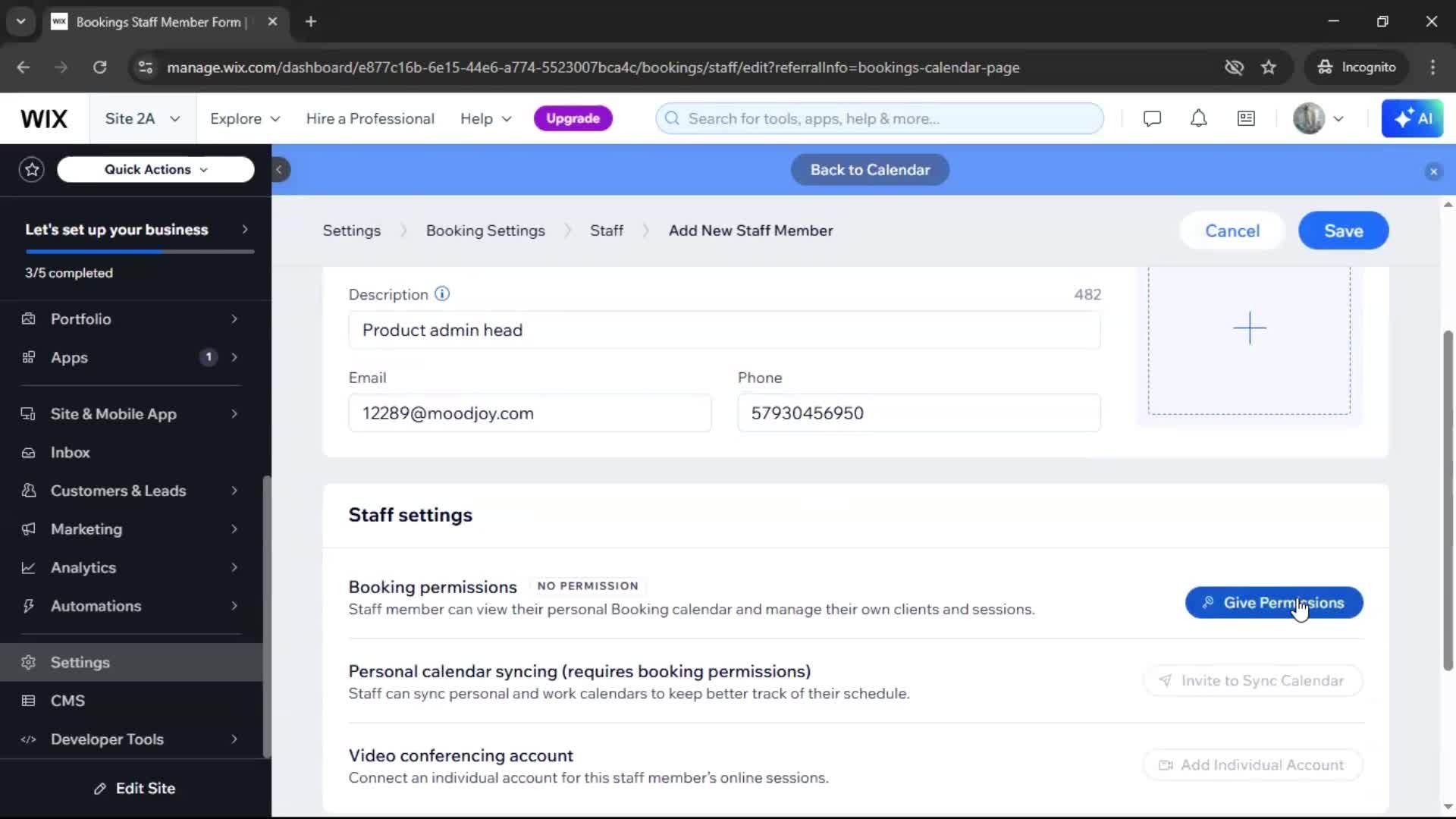 Adding staff screenshot