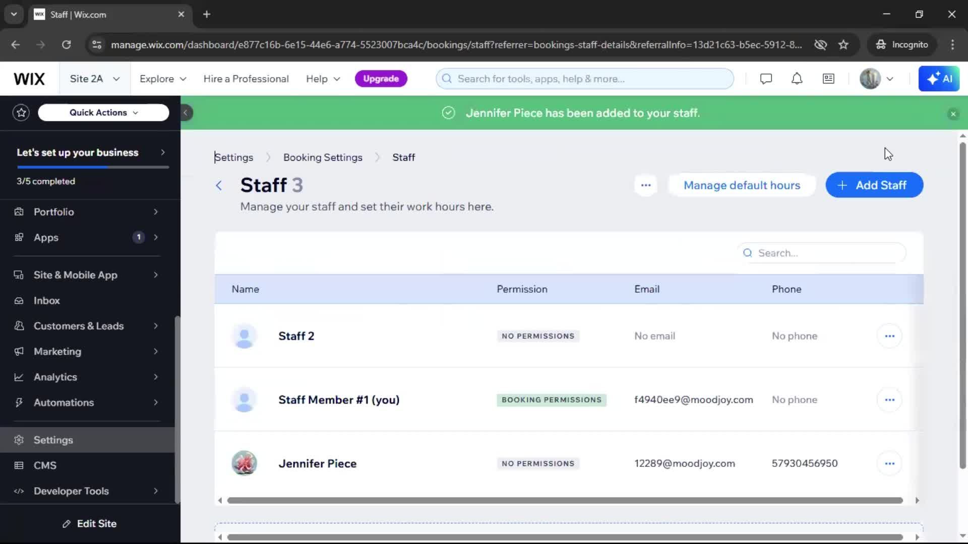 Adding staff screenshot