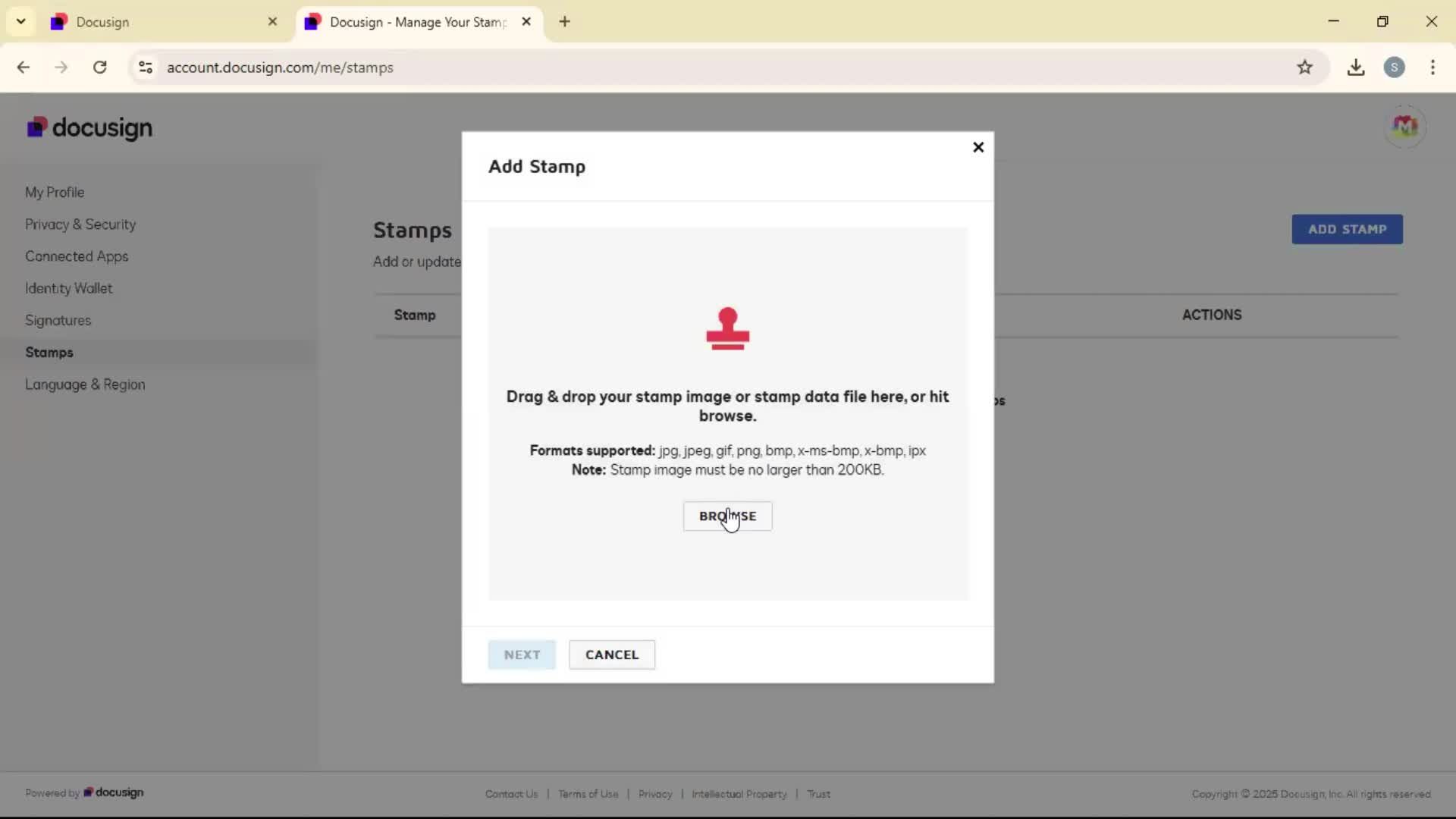 Adding a stamp on Docusign video thumbnail