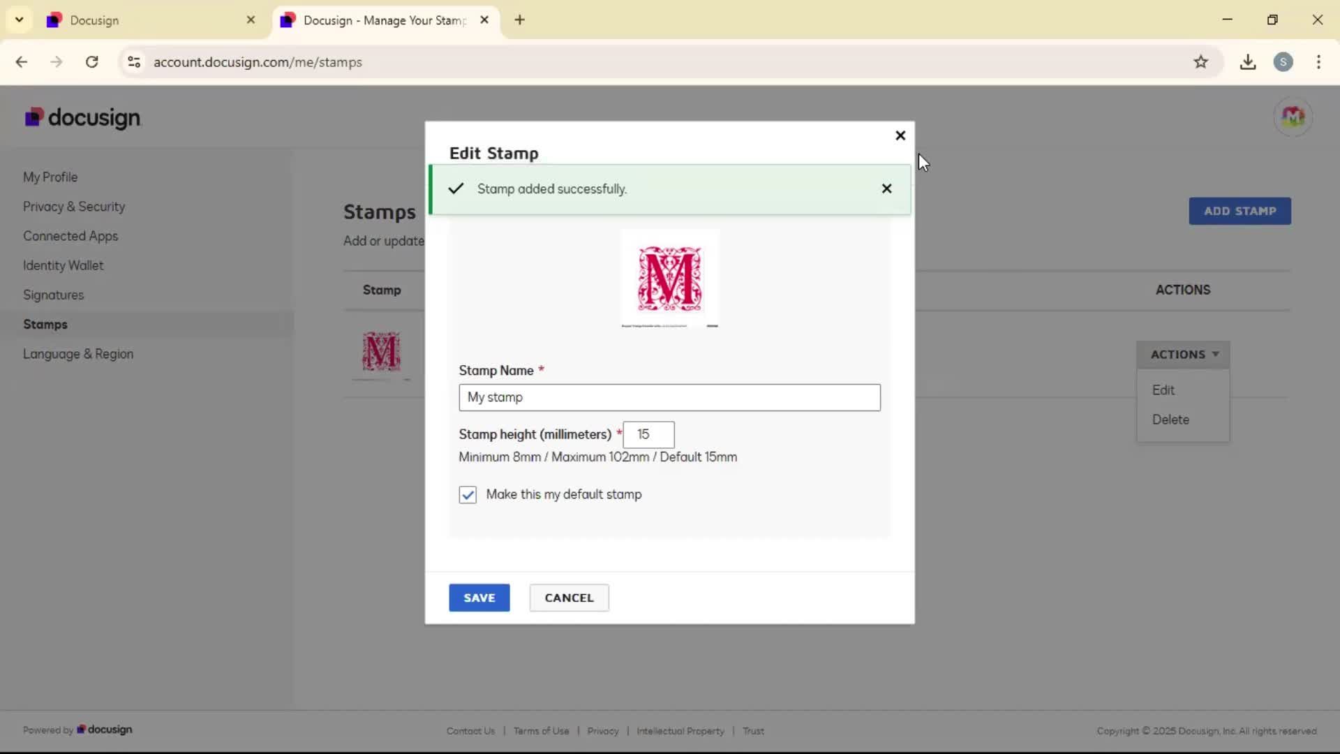 Adding a stamp on Docusign video thumbnail