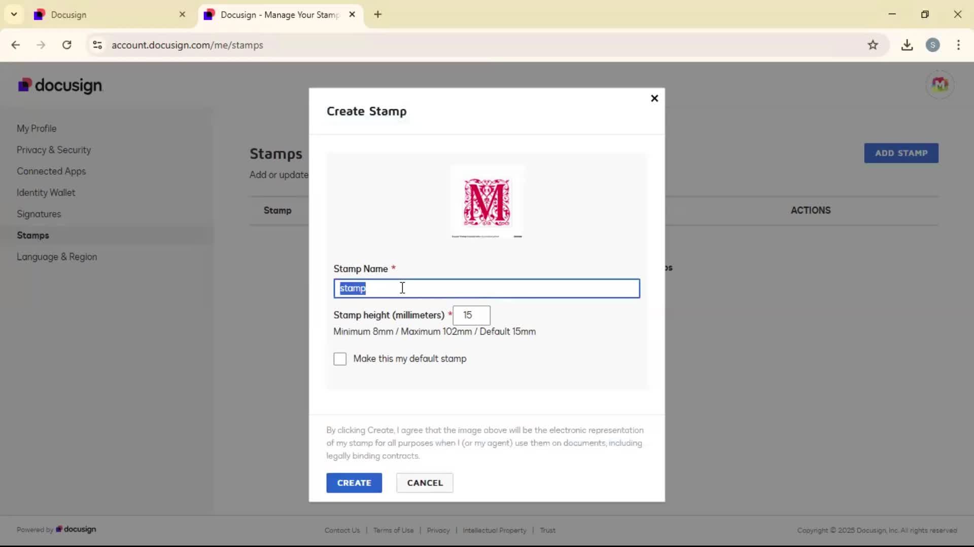 Adding a stamp on Docusign video thumbnail