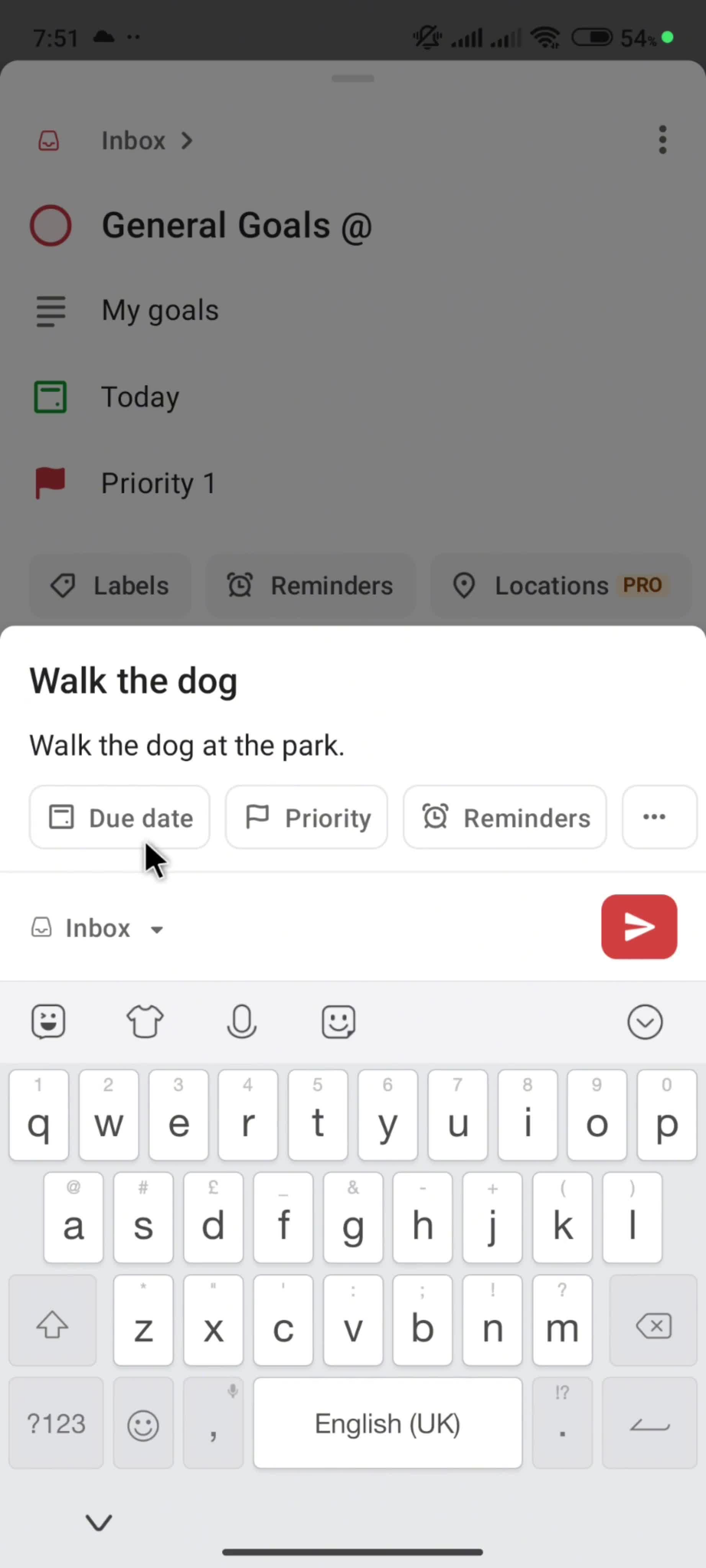 Adding a subtask screenshot