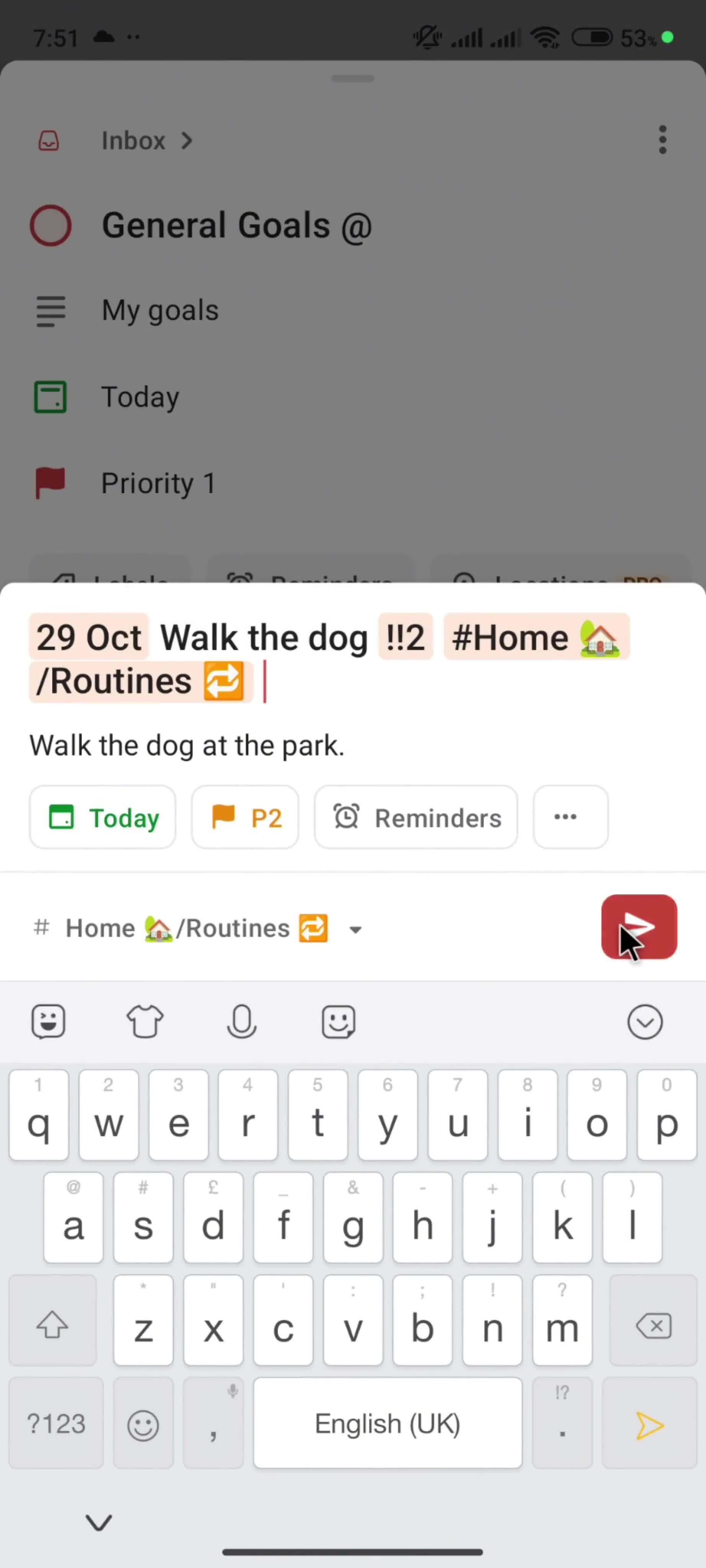 Adding a subtask screenshot