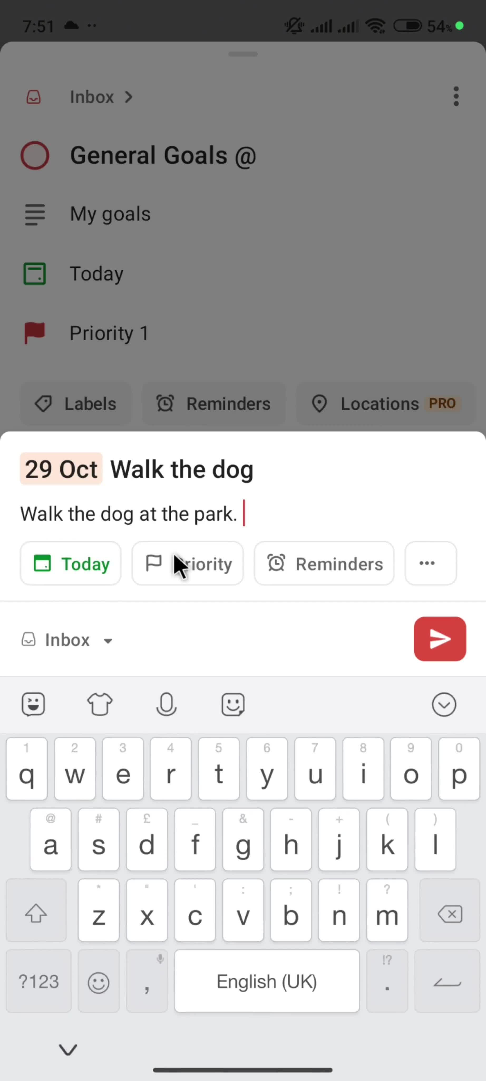 Adding a subtask screenshot