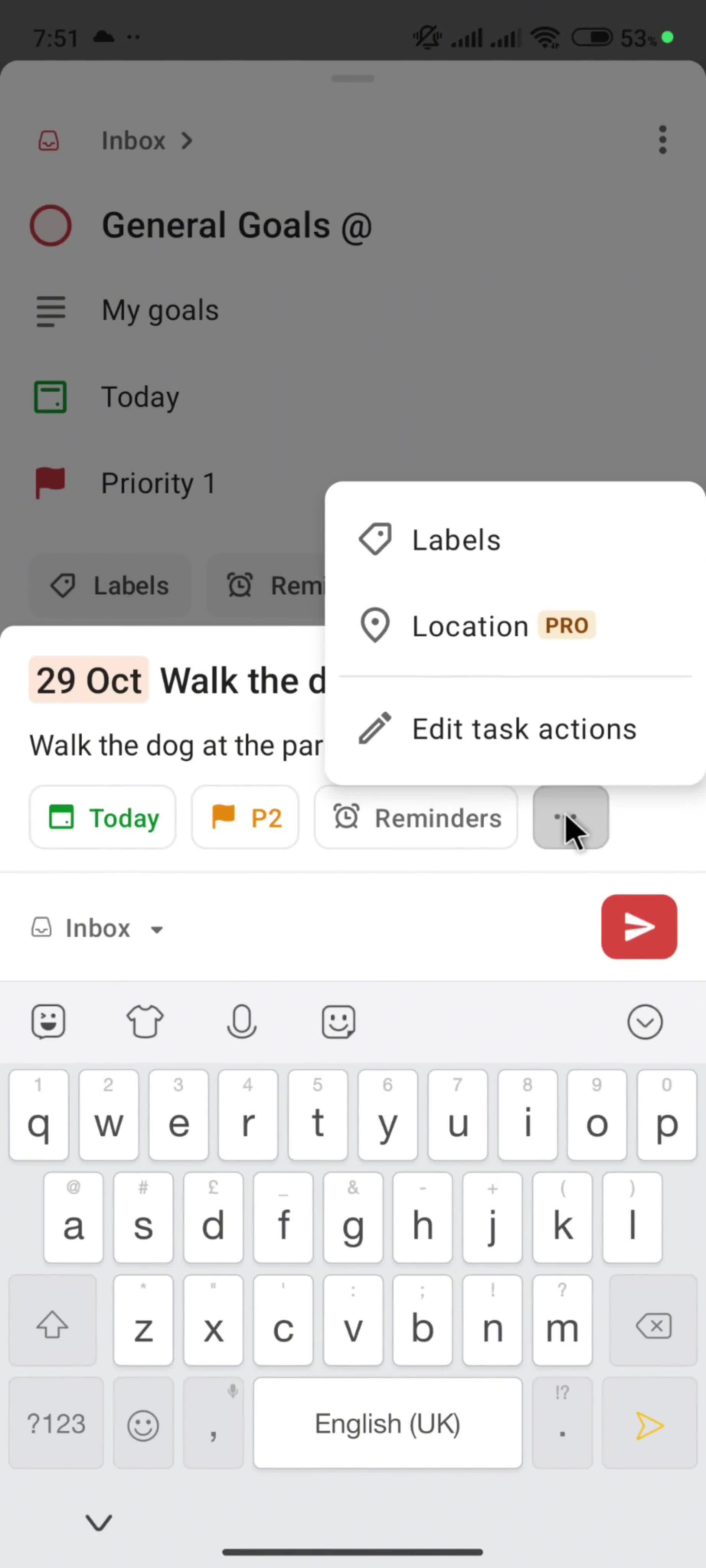 Adding a subtask screenshot