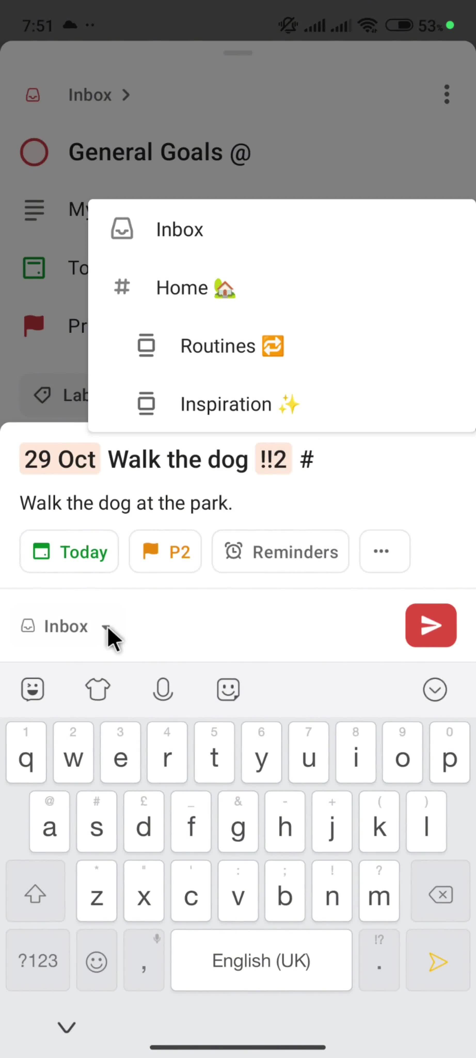 Adding a subtask screenshot
