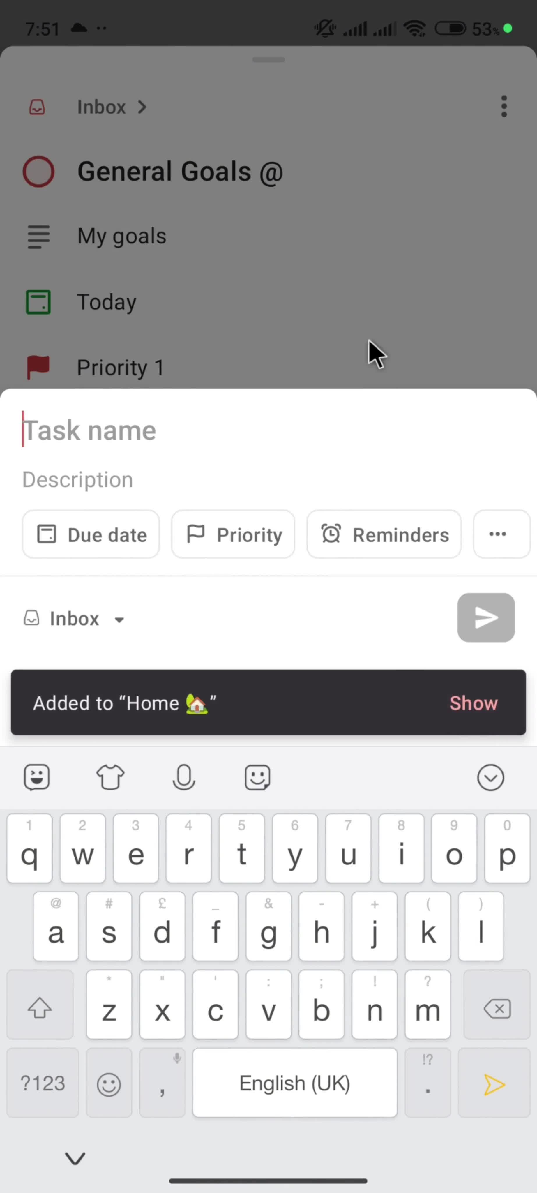 Adding a subtask screenshot