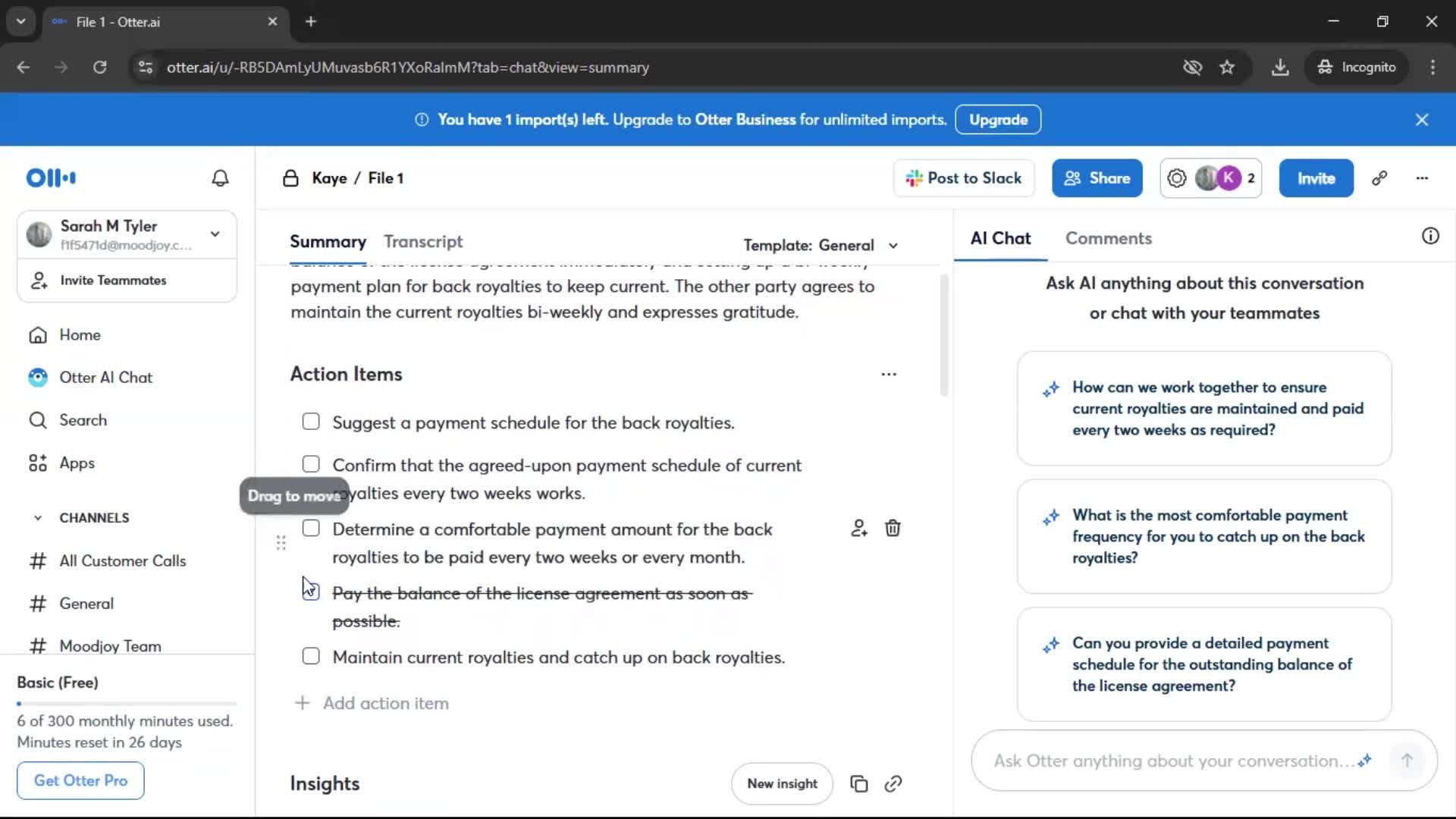 Action items screenshot