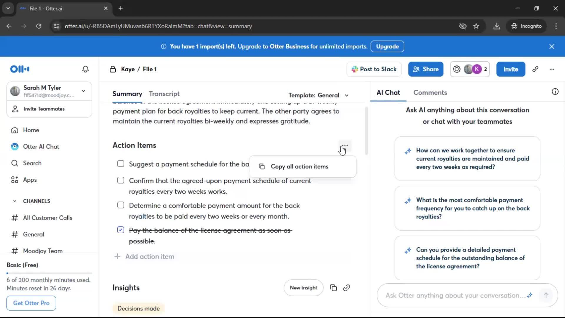 Action items screenshot