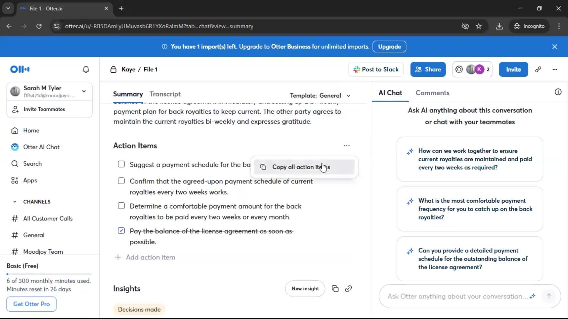 Action items screenshot