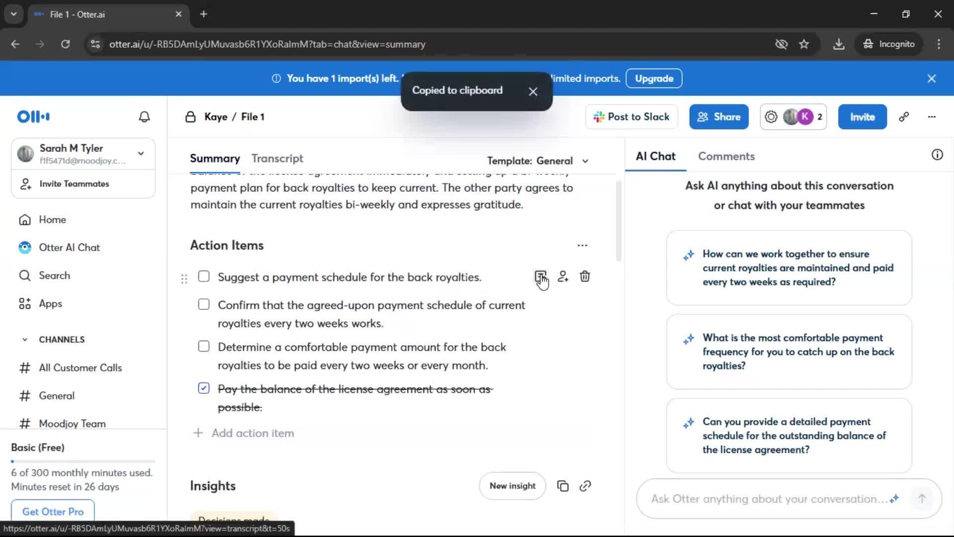 Action items screenshot