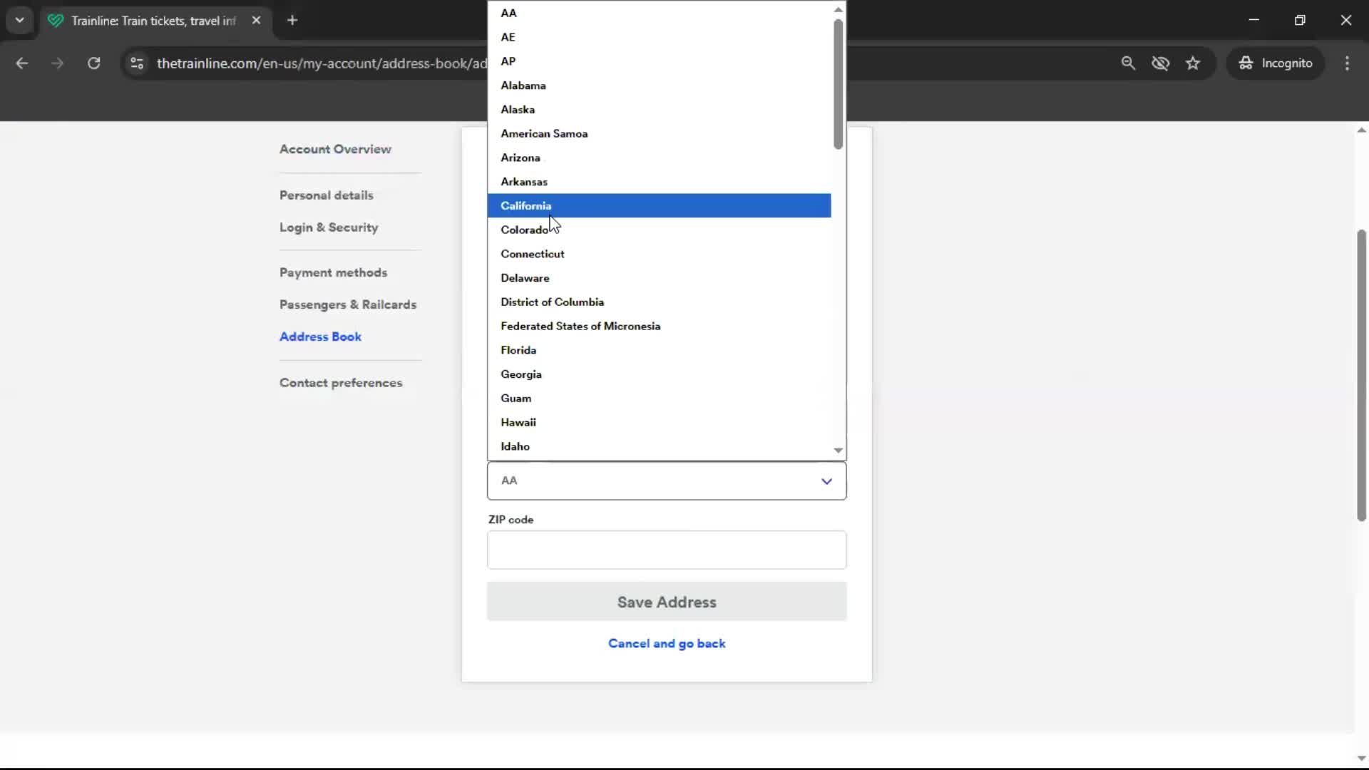 Adding an address screenshot