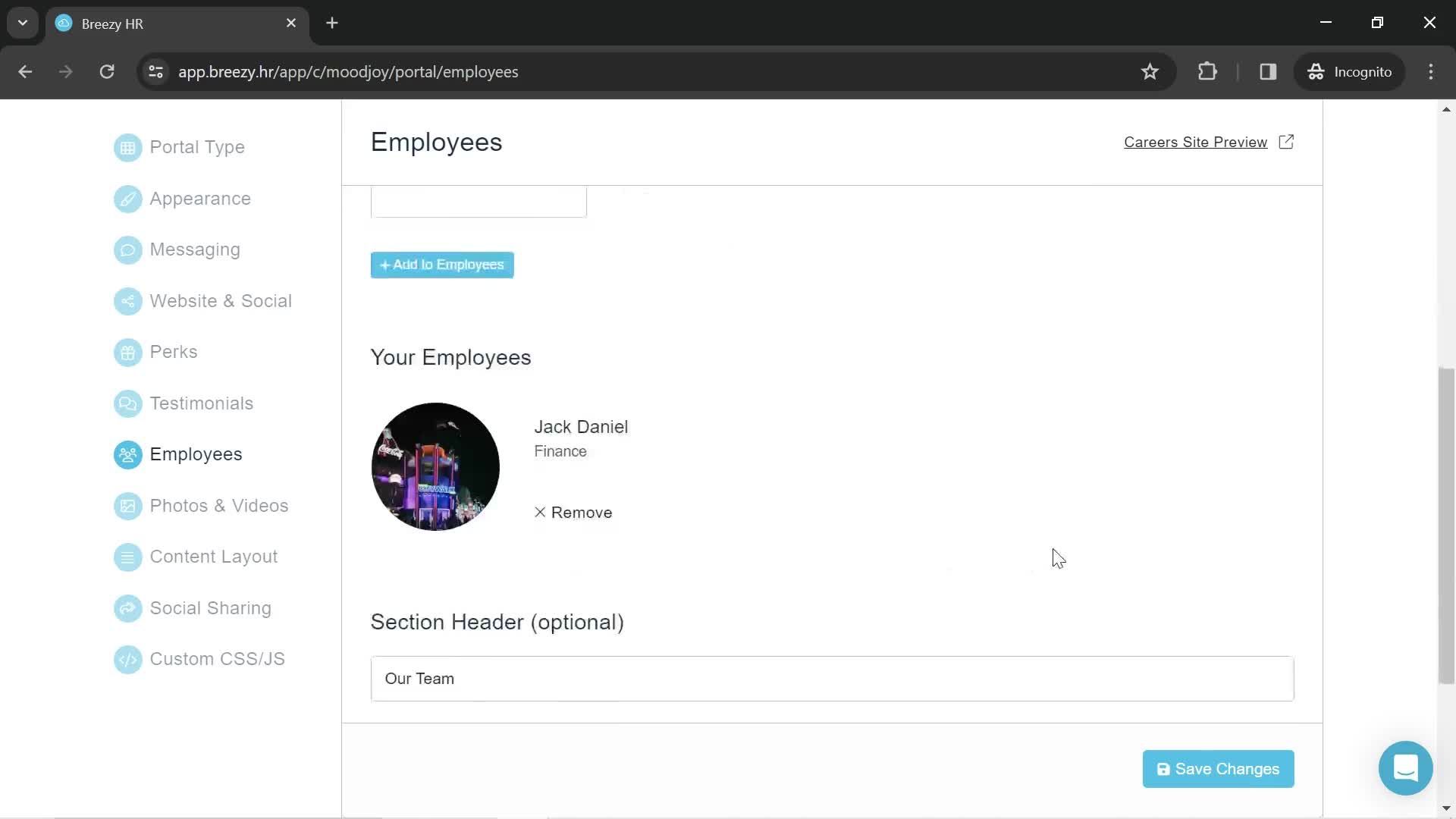 Adding an employee screenshot