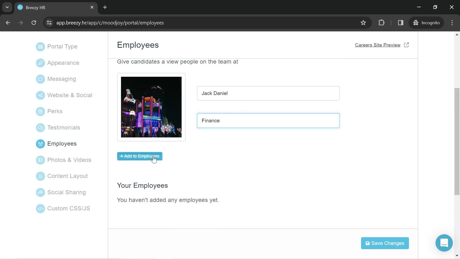 Adding an employee screenshot