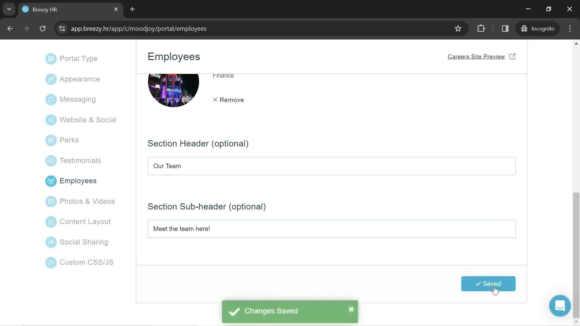 Adding an employee screenshot