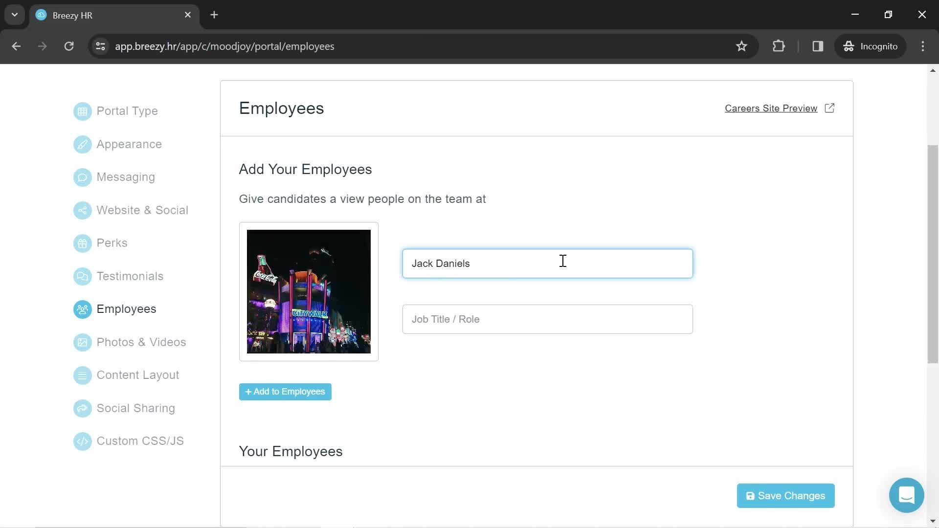 Adding an employee screenshot