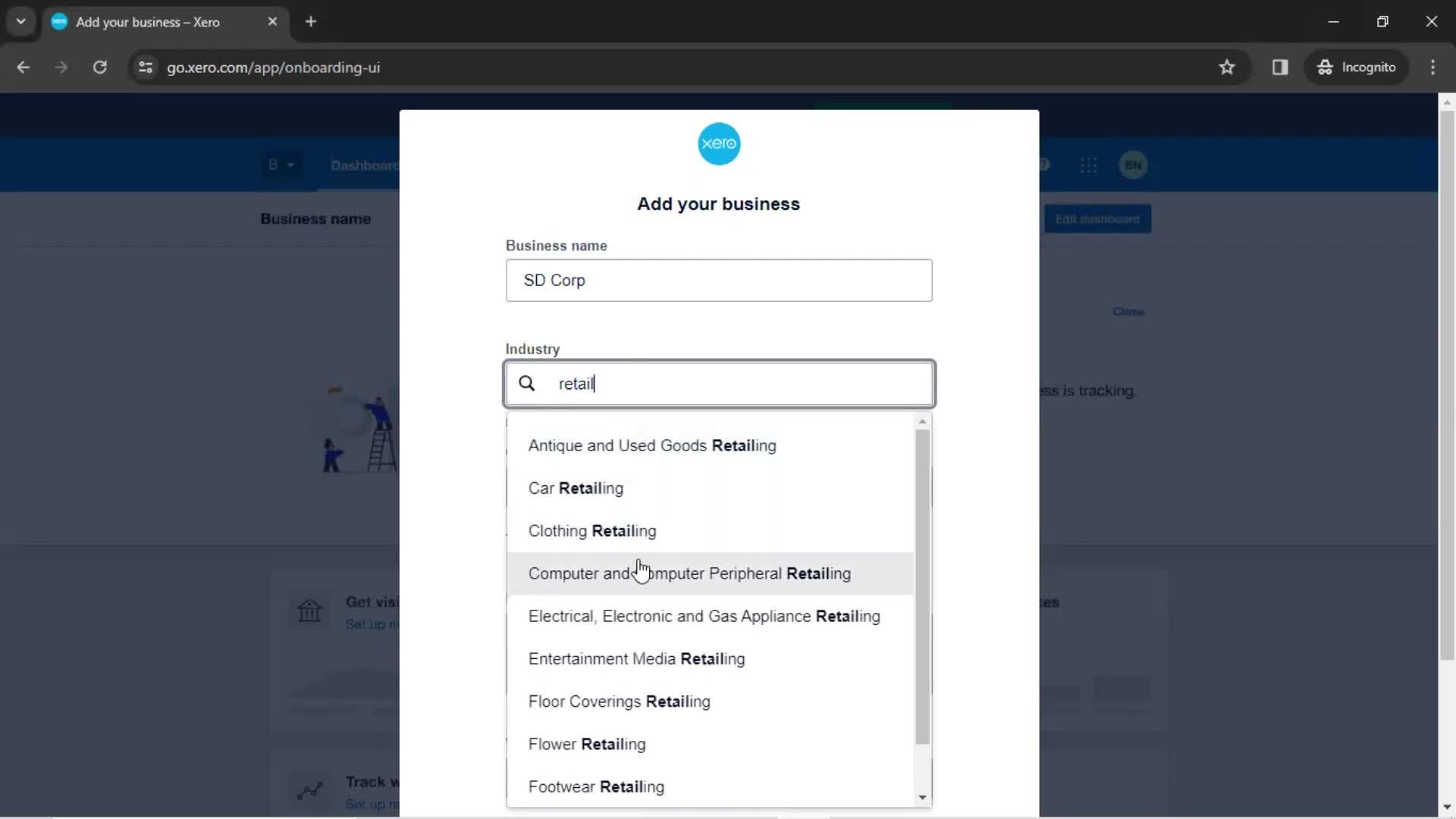 Adding a new organization screenshot