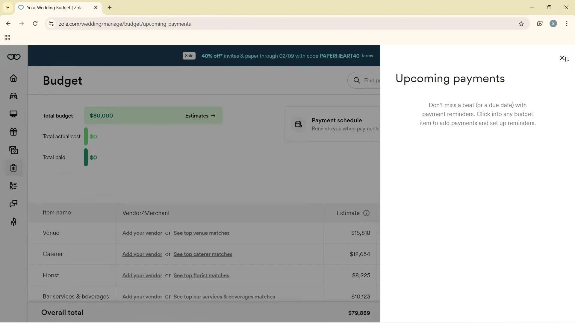 Creating a budget screenshot