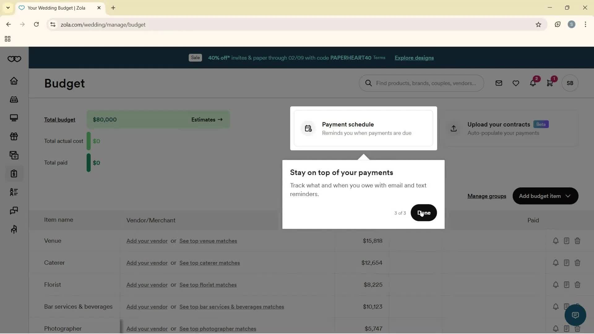 Creating a budget screenshot