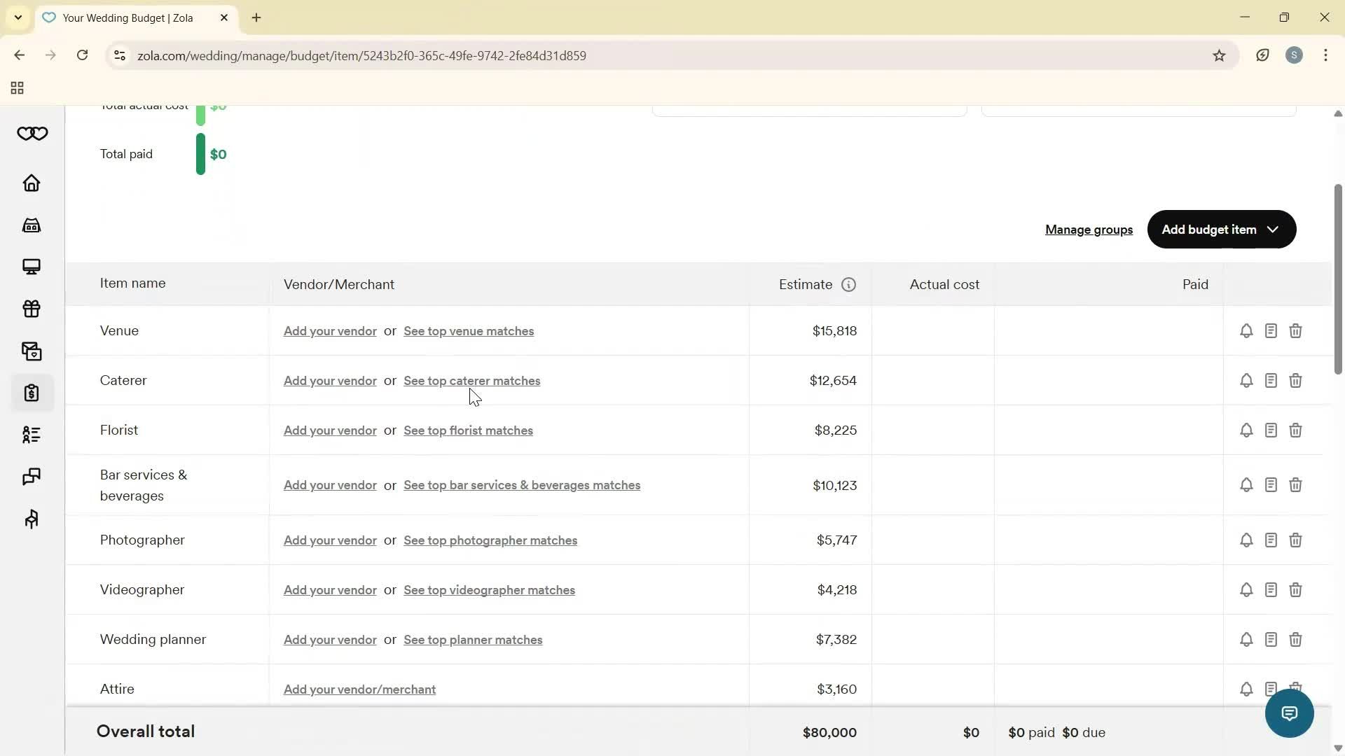 Creating a budget screenshot